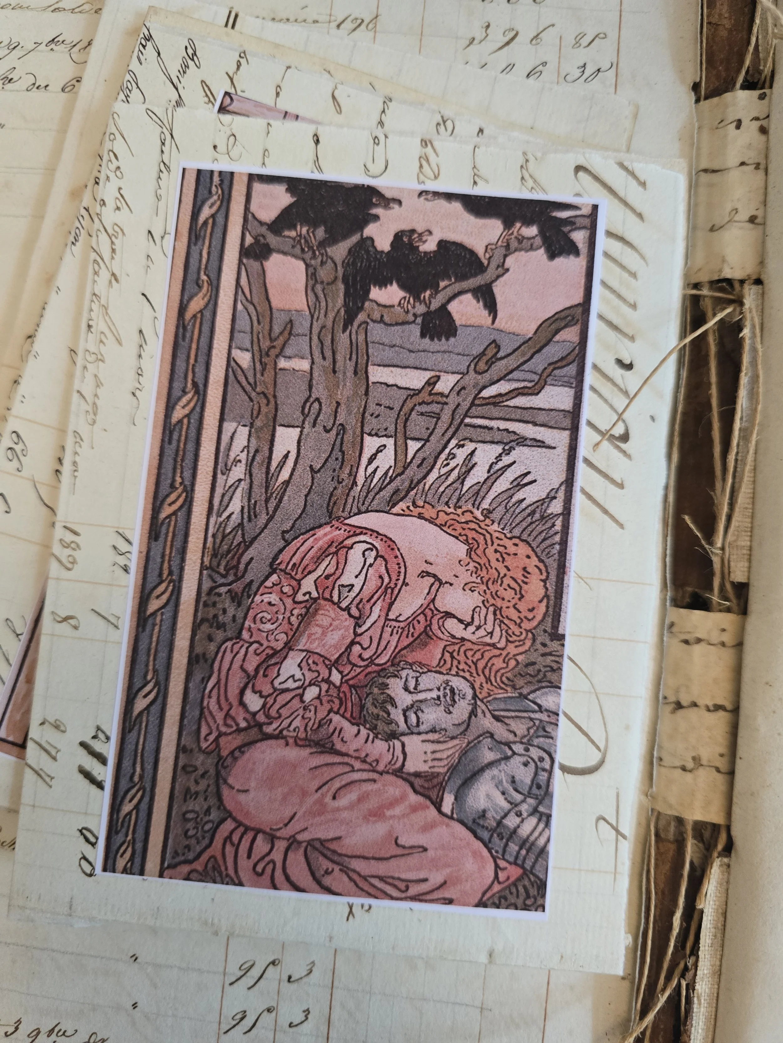 Handmade card with a period-style illustration of a woman in a long blue dress, created using original handwritten 1829 French ledger paper.