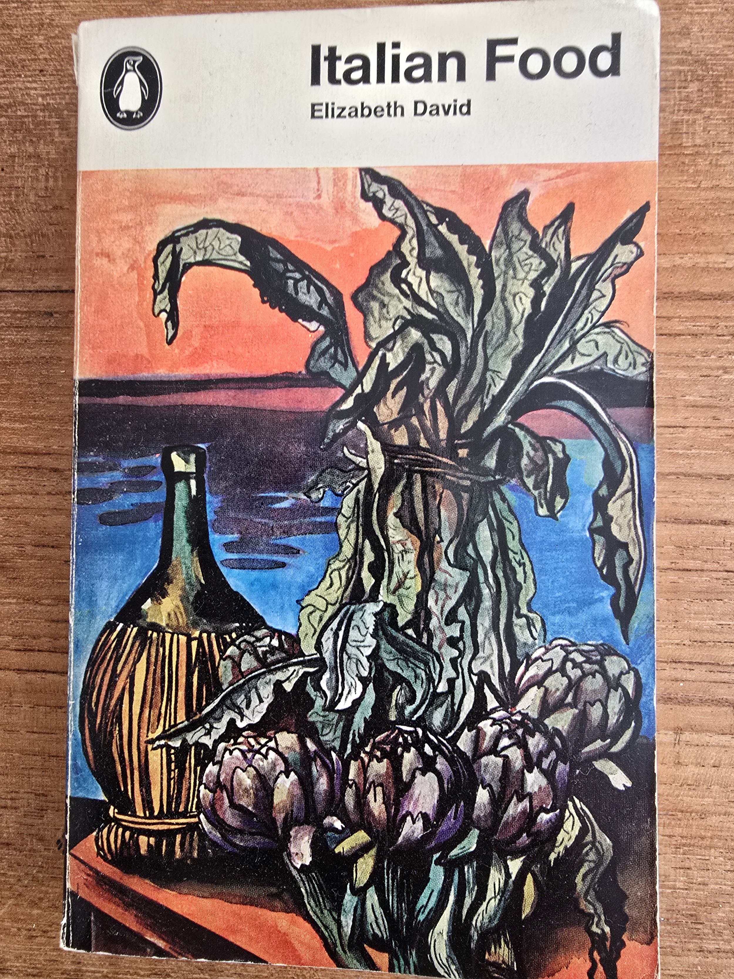 Front cover of Italian Food by Elizabeth David with vibrant still life by Guttuso