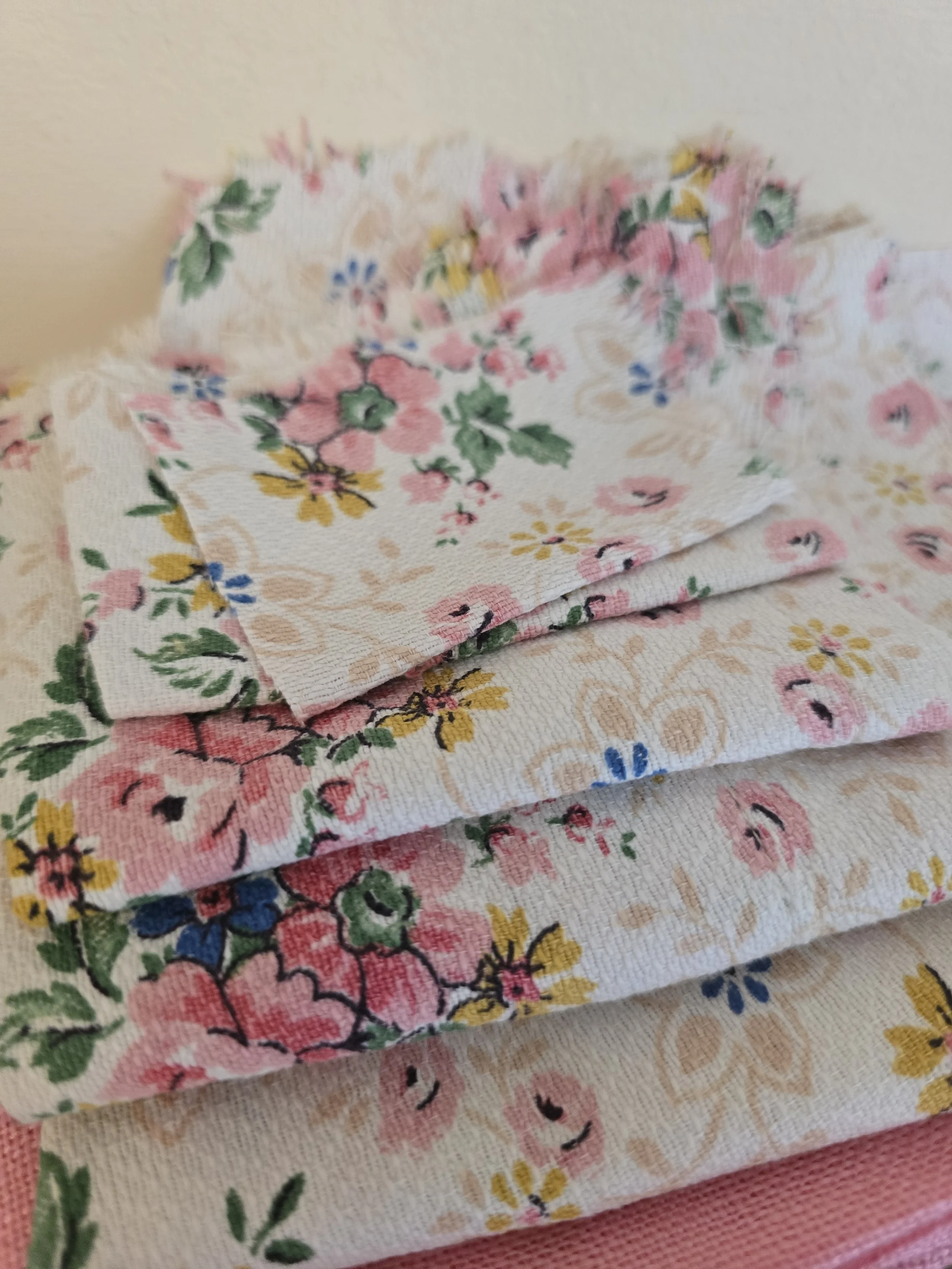 Close-up of pastel vintage floral fabric with barkcloth-style texture (Copy)