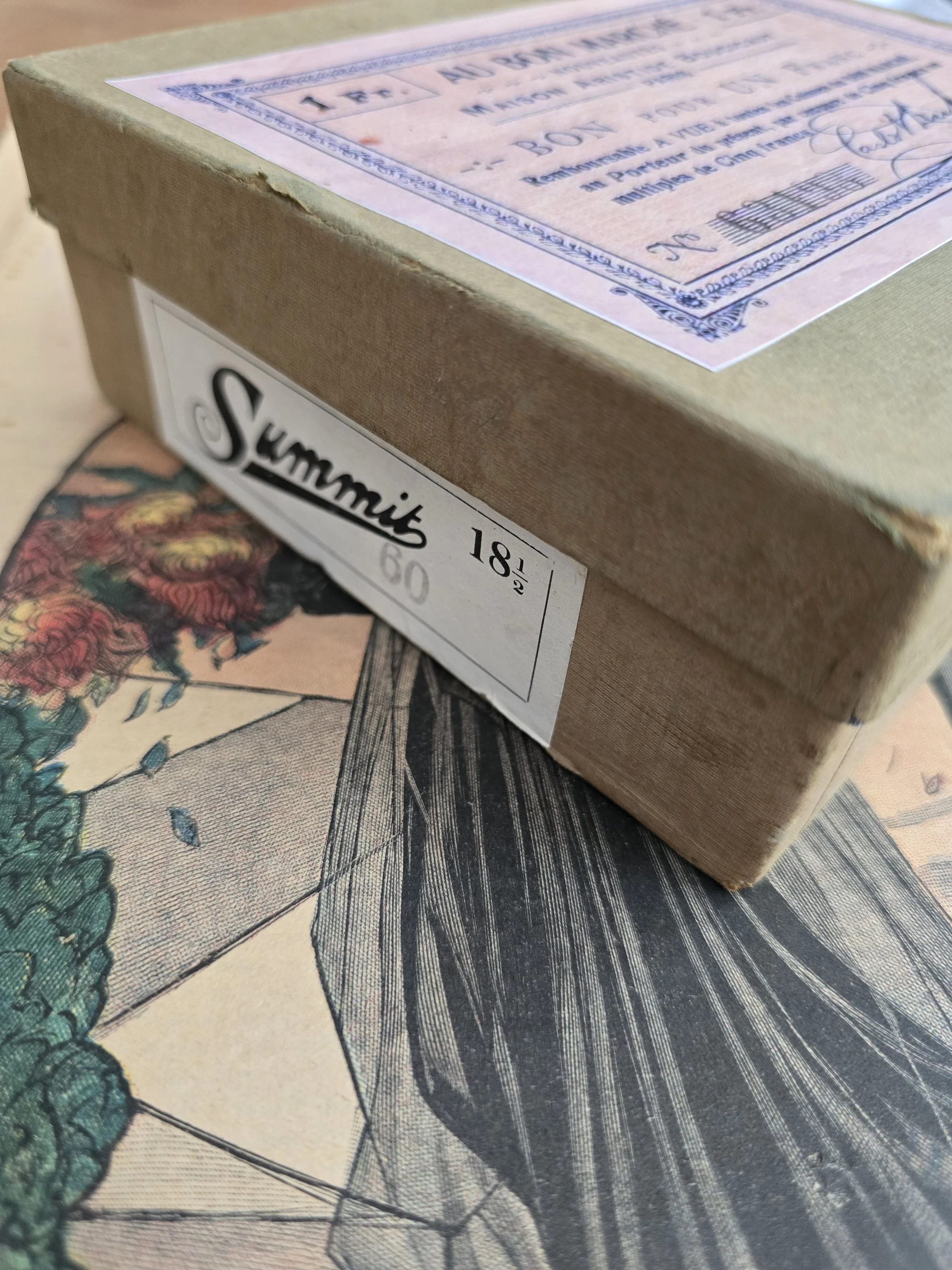 Cloth-covered keepsake box with French department store voucher design.