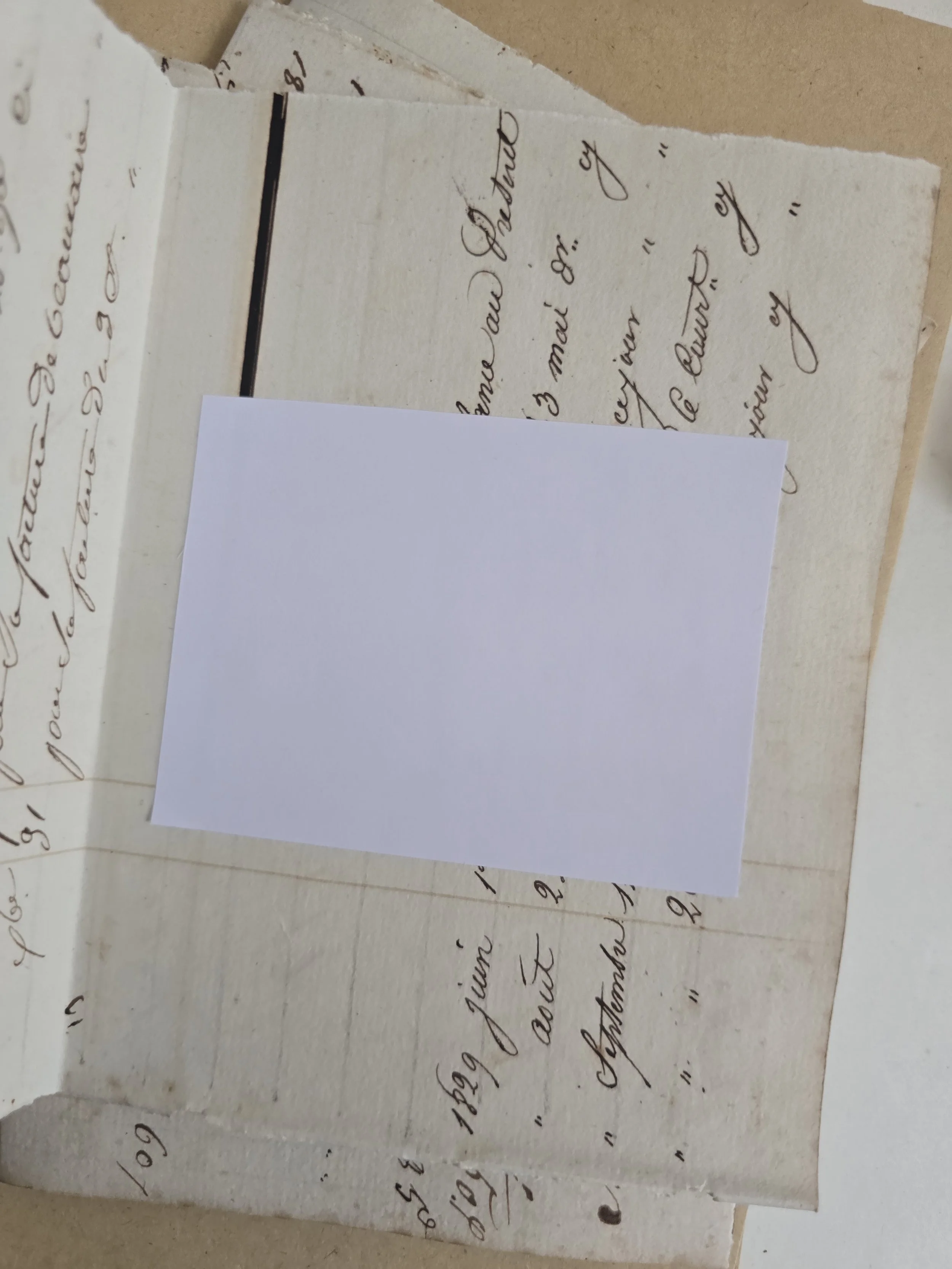 Set of four antique paper portrait cards with kraft envelopes, handmade using original French ledger pages from 1829.