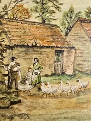 Group of children standing near cottage in vintage pastoral art print