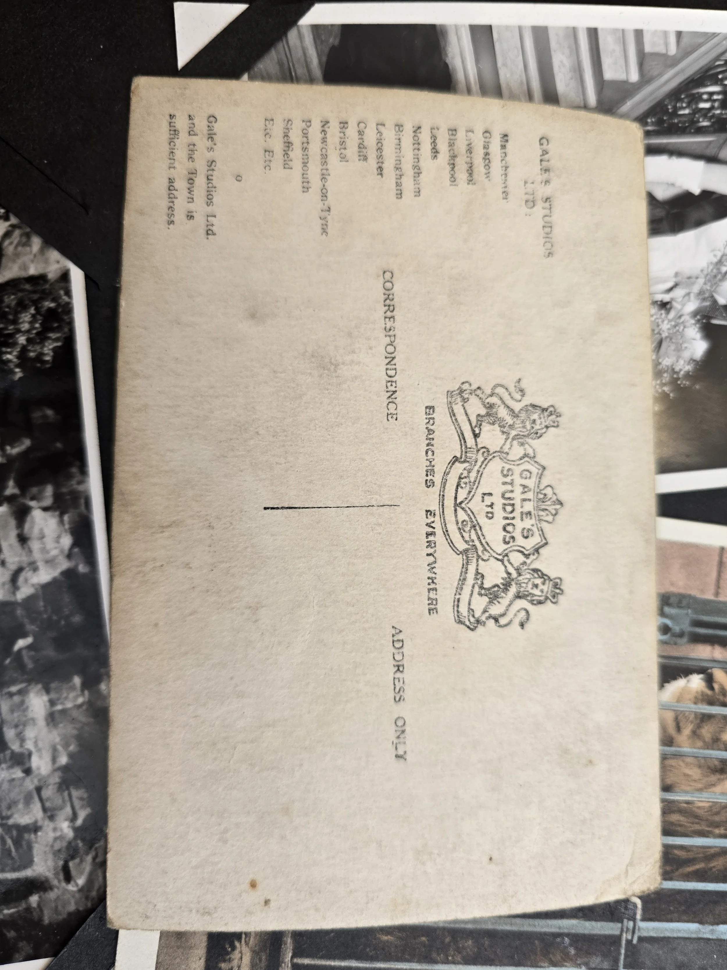 Reverse of vintage Gale’s Studios Ltd photograph showing the studio crest and list of British branches.