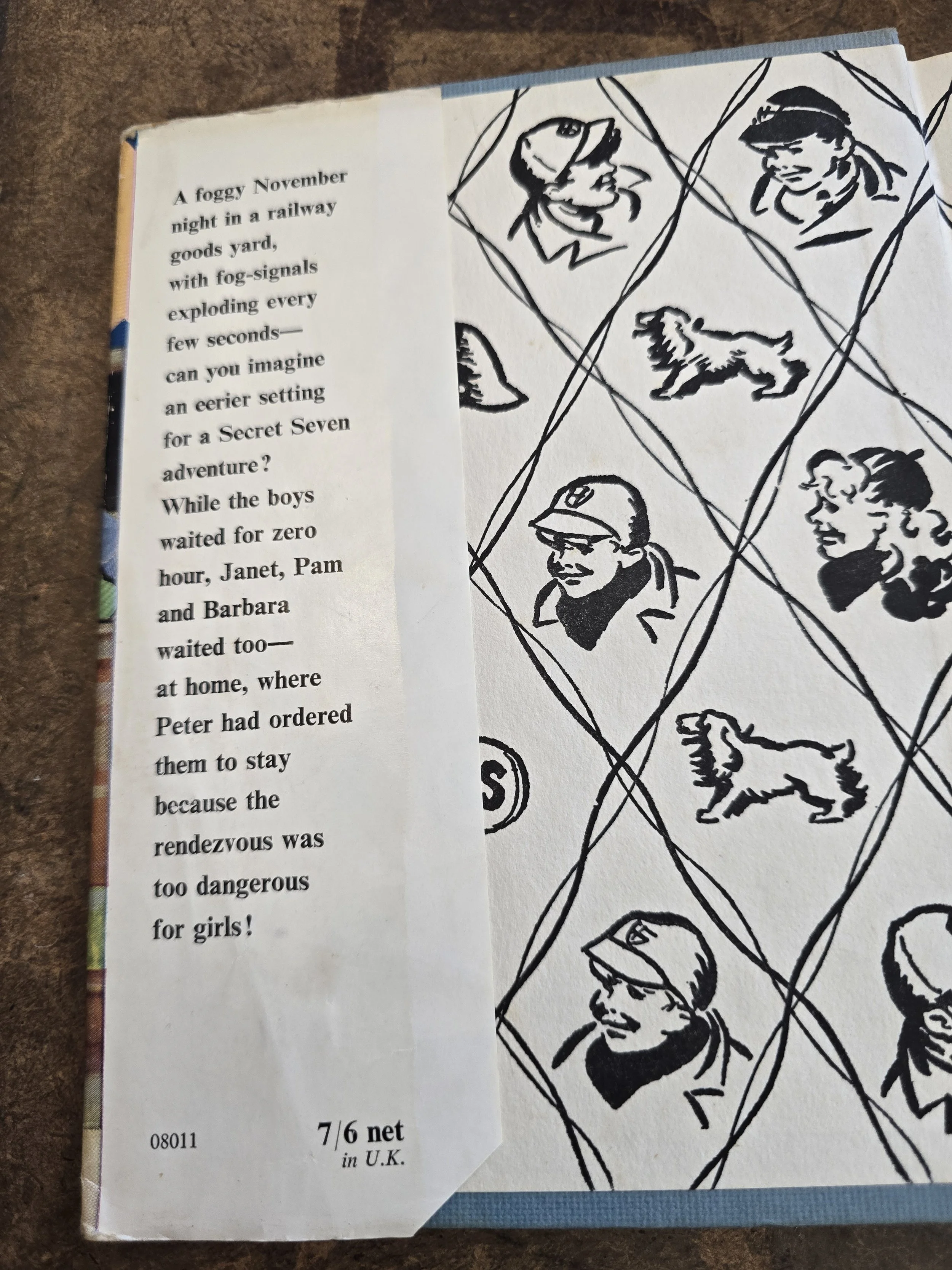 Original dust jacket from Secret Seven on the Trail showing signs of age and wear.