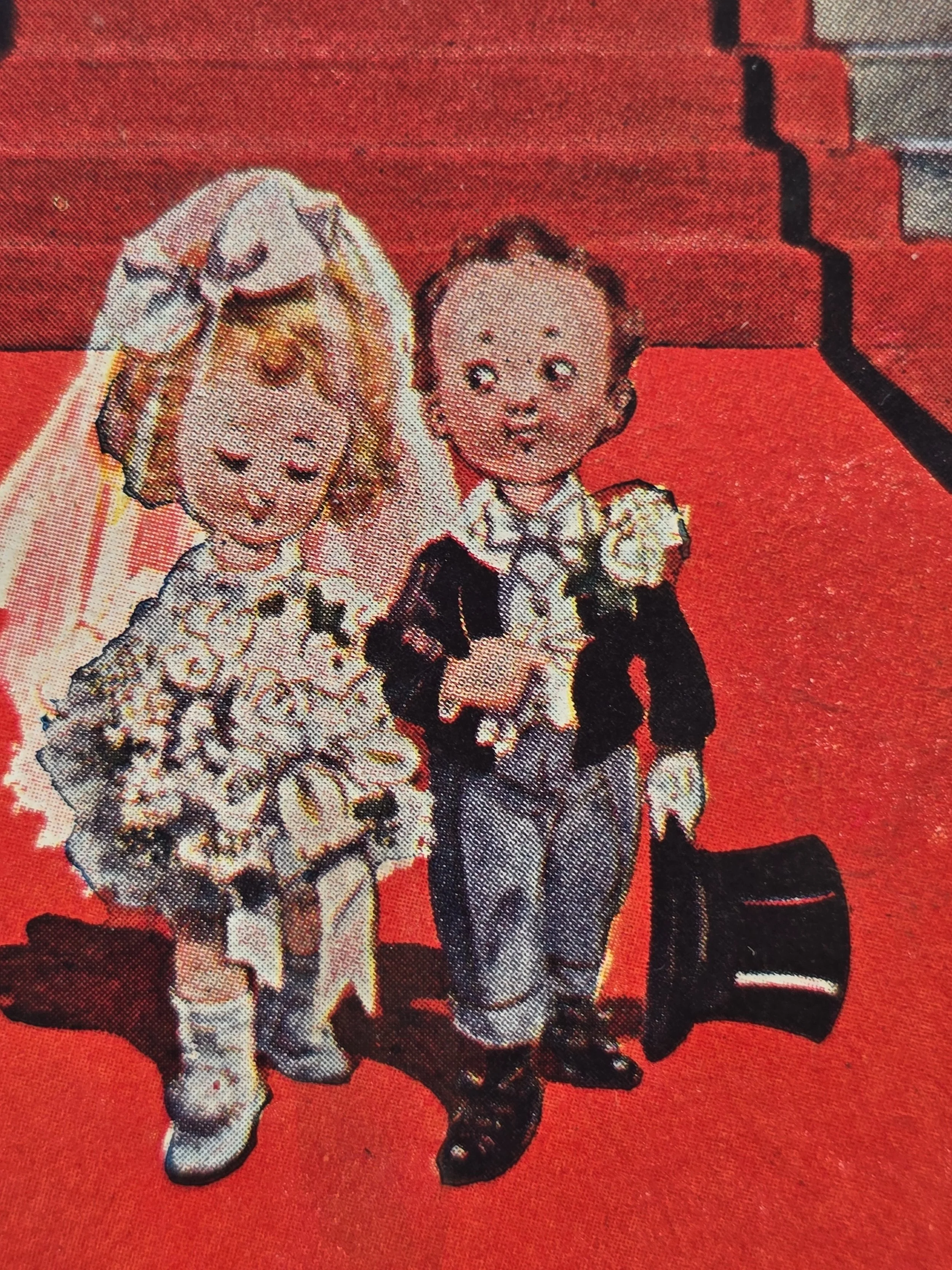 Early twentieth century wedding postcard with bride, groom and Good Health and Good Luck greeting