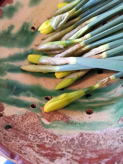 Overhead view of antique French berry drainer with jaspé glaze.