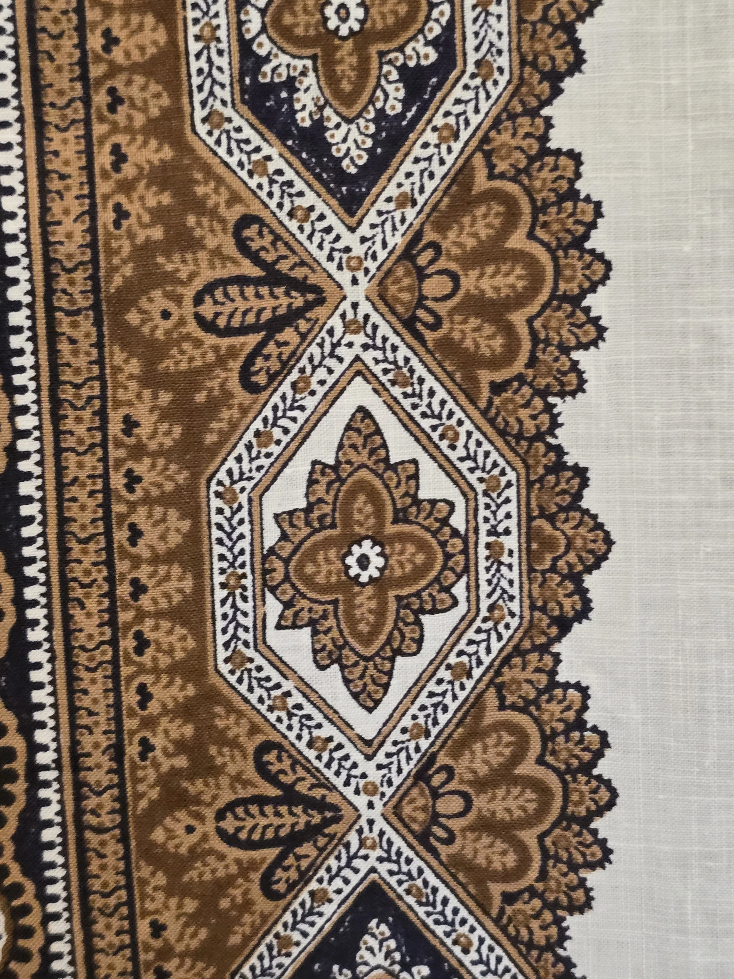 Detail of ochre and navy Provençal border pattern with repeating flowers and scalloped decoration.