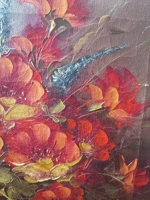 Signature of artist A. Taur on vintage floral oil painting