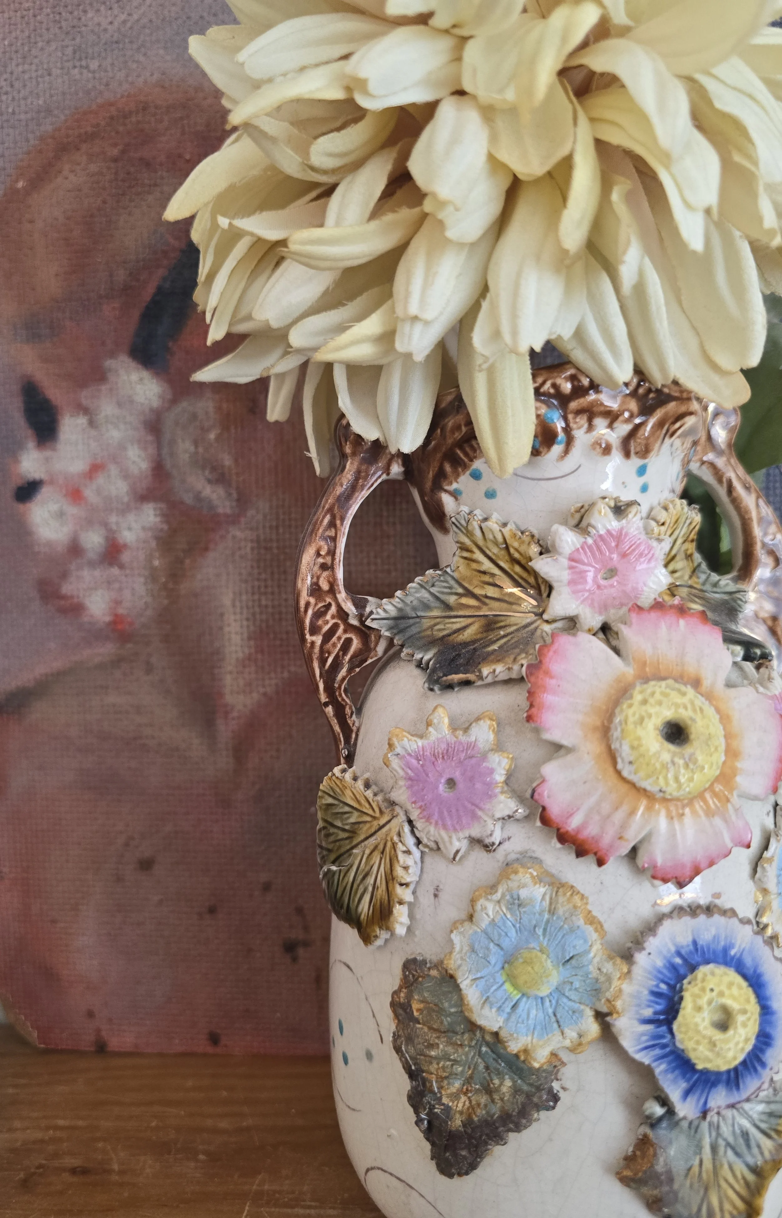 Vintage Majolica Style Floral Vase with Applied Flowers