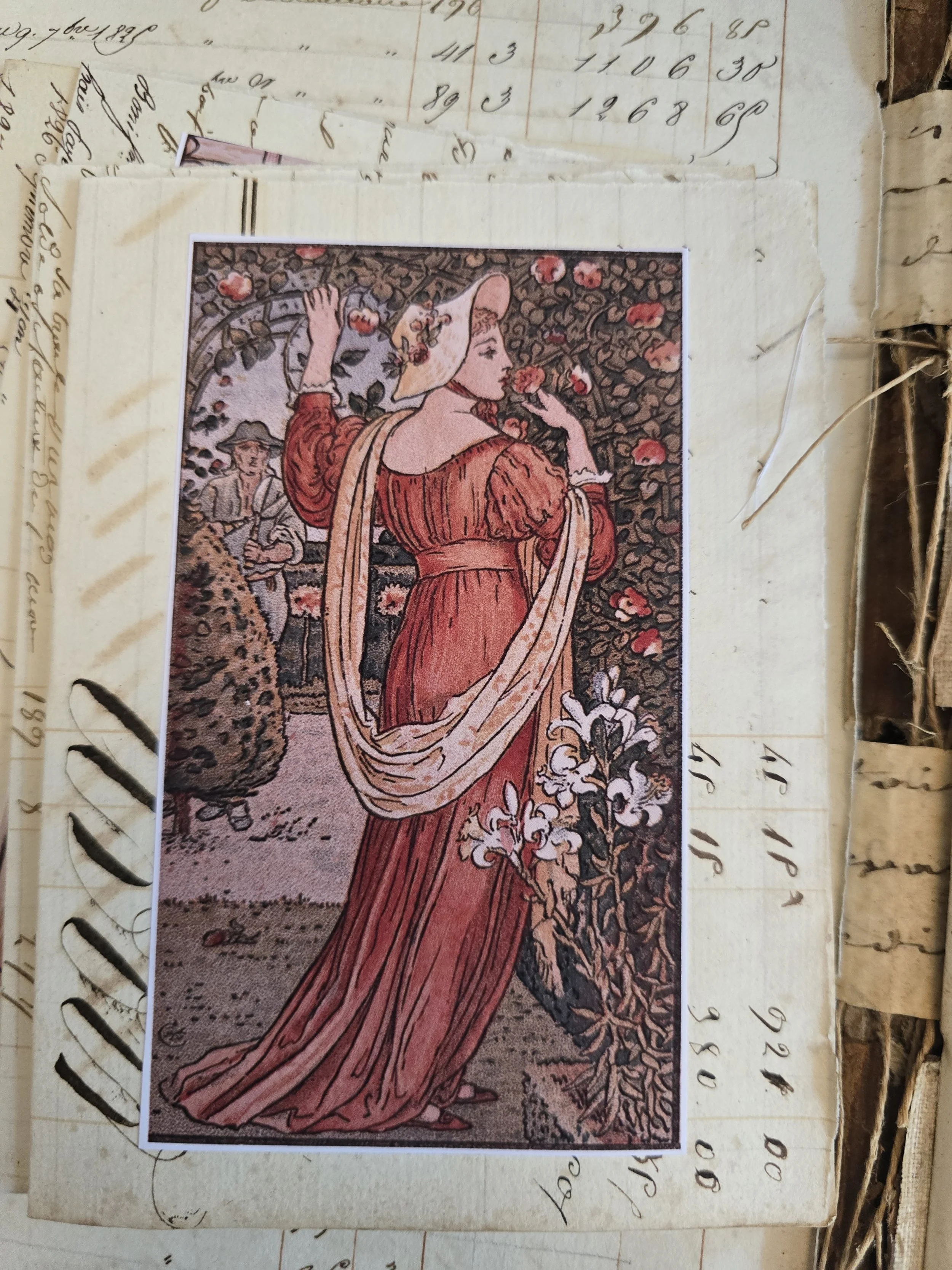 Illustrated handmade card showing a romantic woodland scene, mounted onto genuine antique French ledger paper dating from 1829.