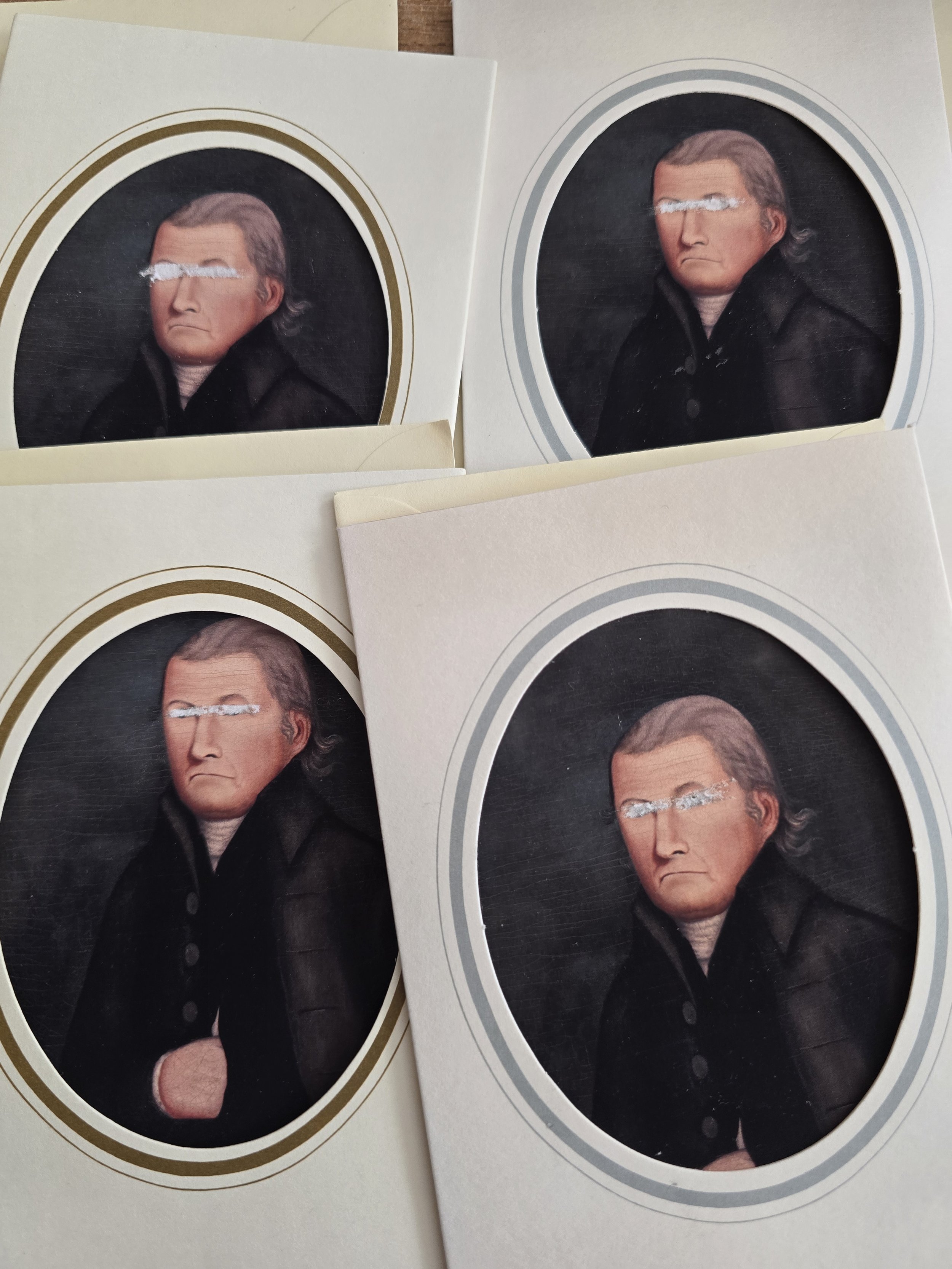 The Unseen Portrait Halloween cards featuring an altered vintage gentleman with obscured eyes, mounted onto thrifted cream cards.