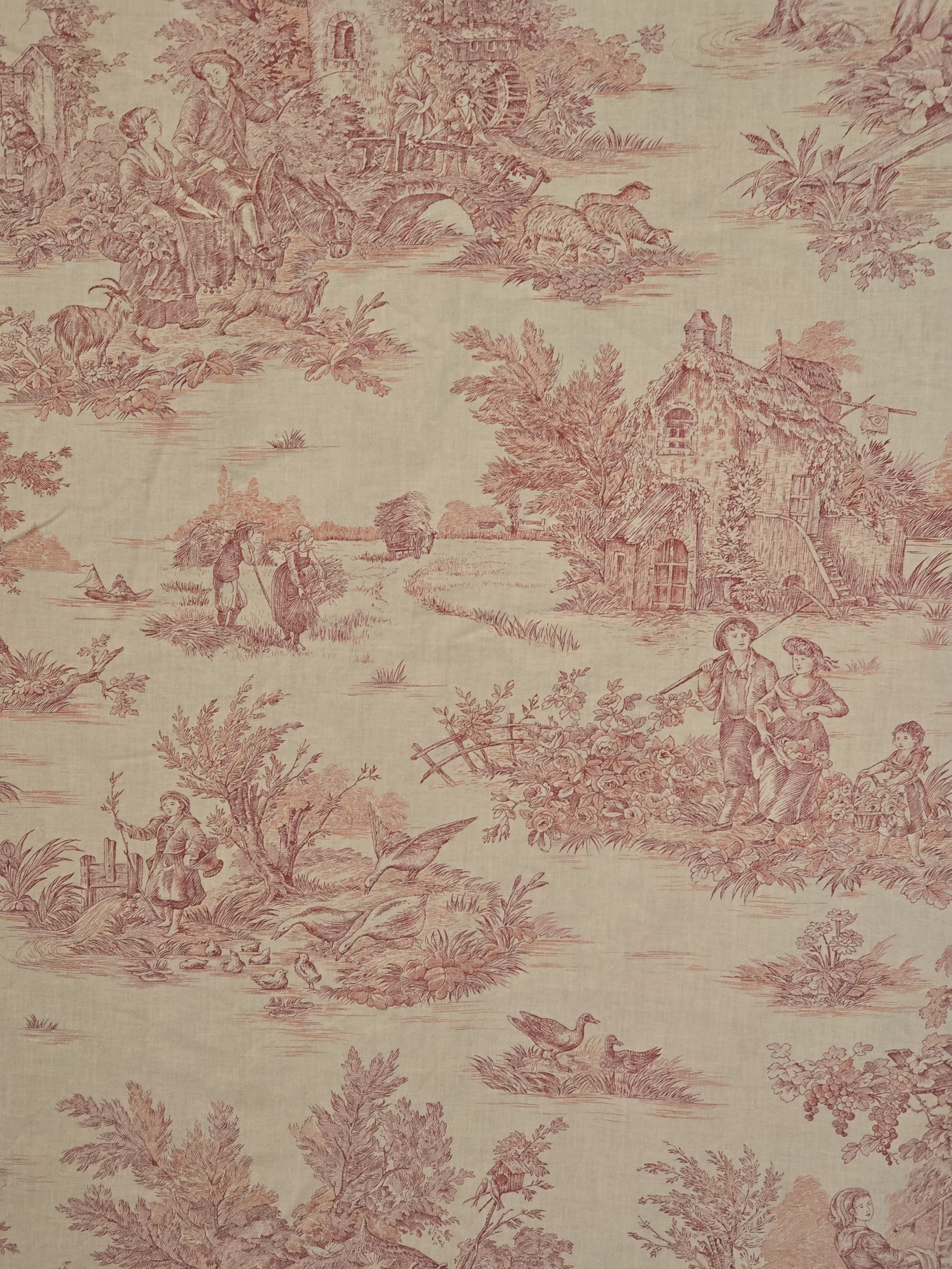 French cotton toile detail with an old country cottage, figures carrying flowers and turkeys.