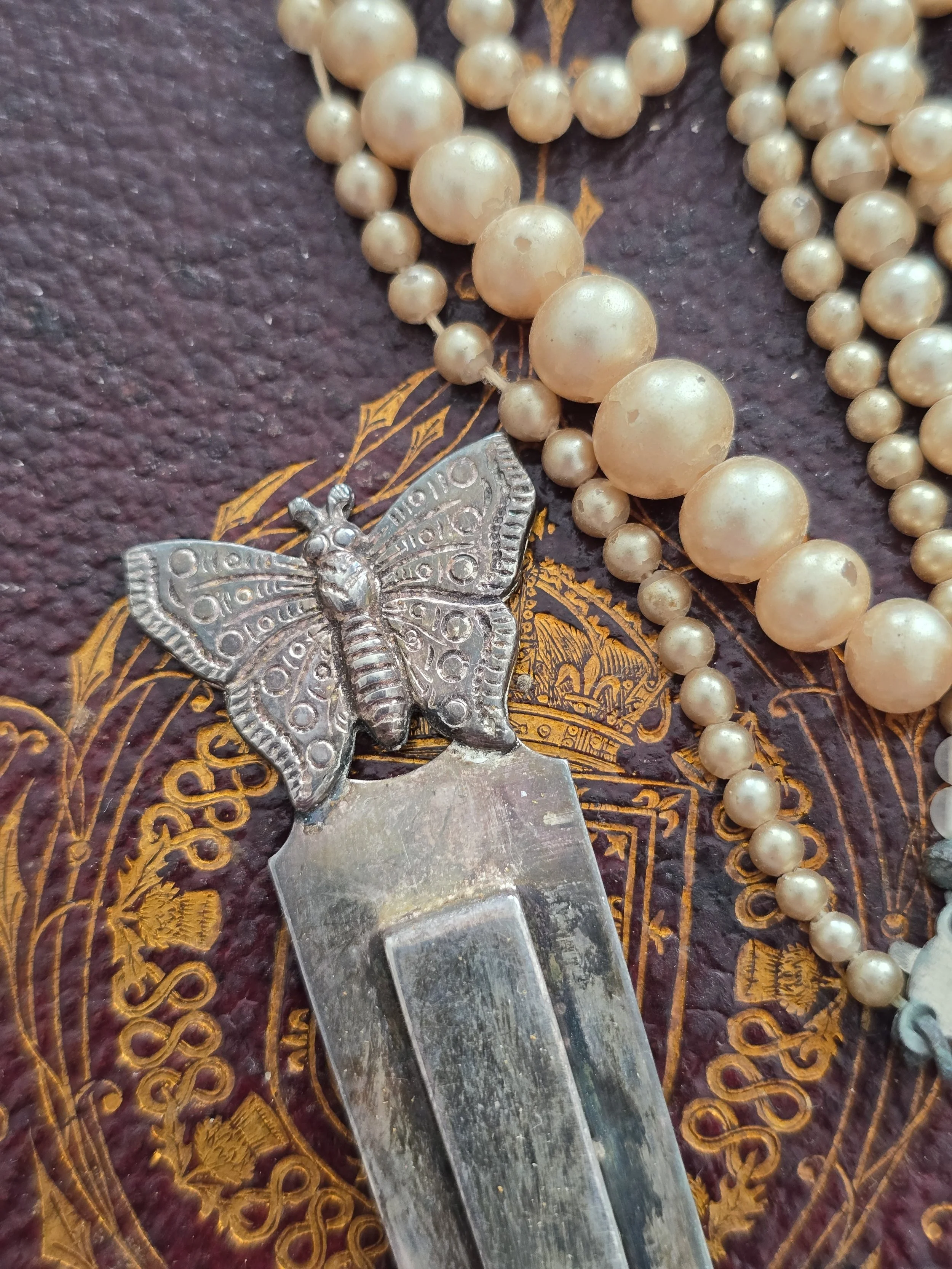 Decorative butterfly bookmark displayed on an antique leather-bound book.
