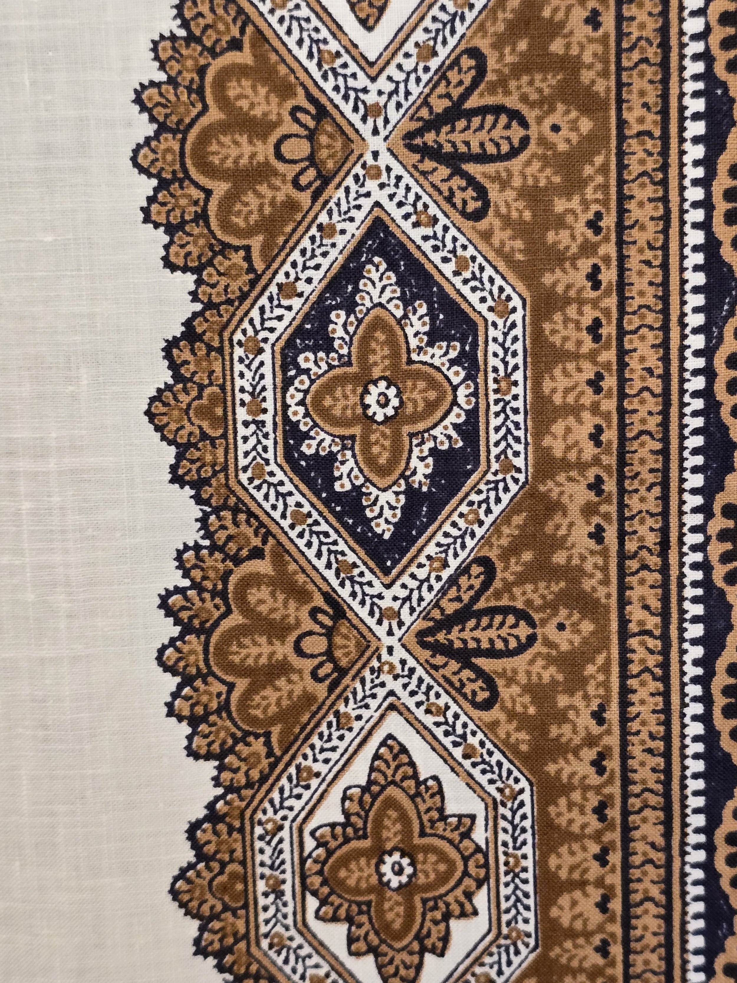 Full view of vintage French Souleiado fabric with alternating decorative vertical stripes.