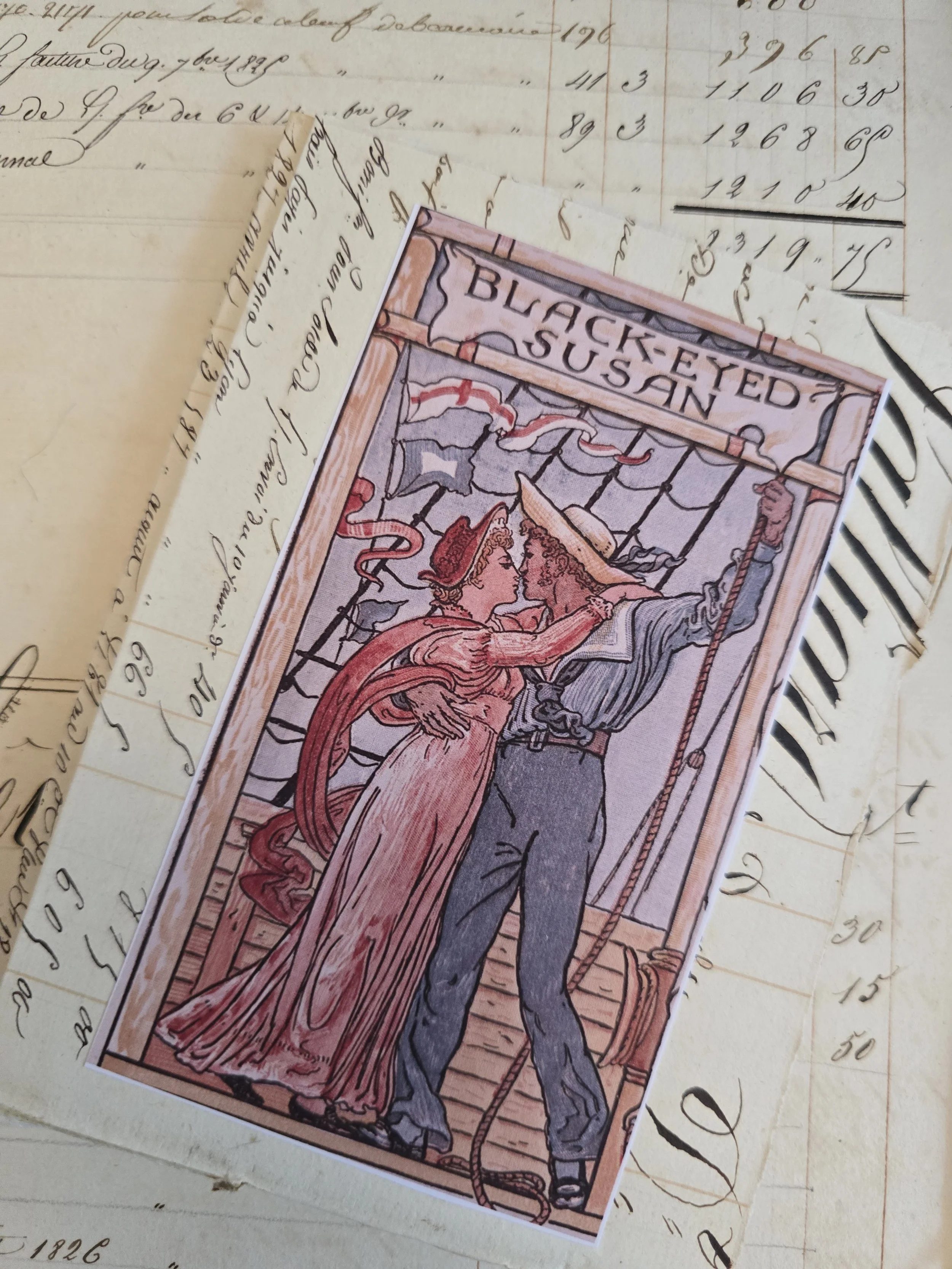 Handmade card using original 1829 French ledger paper with a decorative vintage-style illustrations