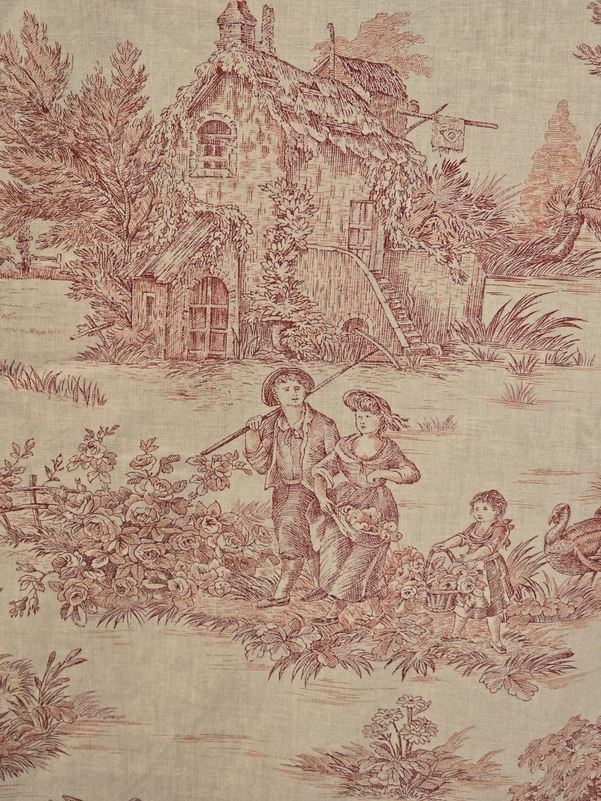 MFTA Pastorale fabric showing a couple on horseback, cottage, bridge, dog and rural landscape.