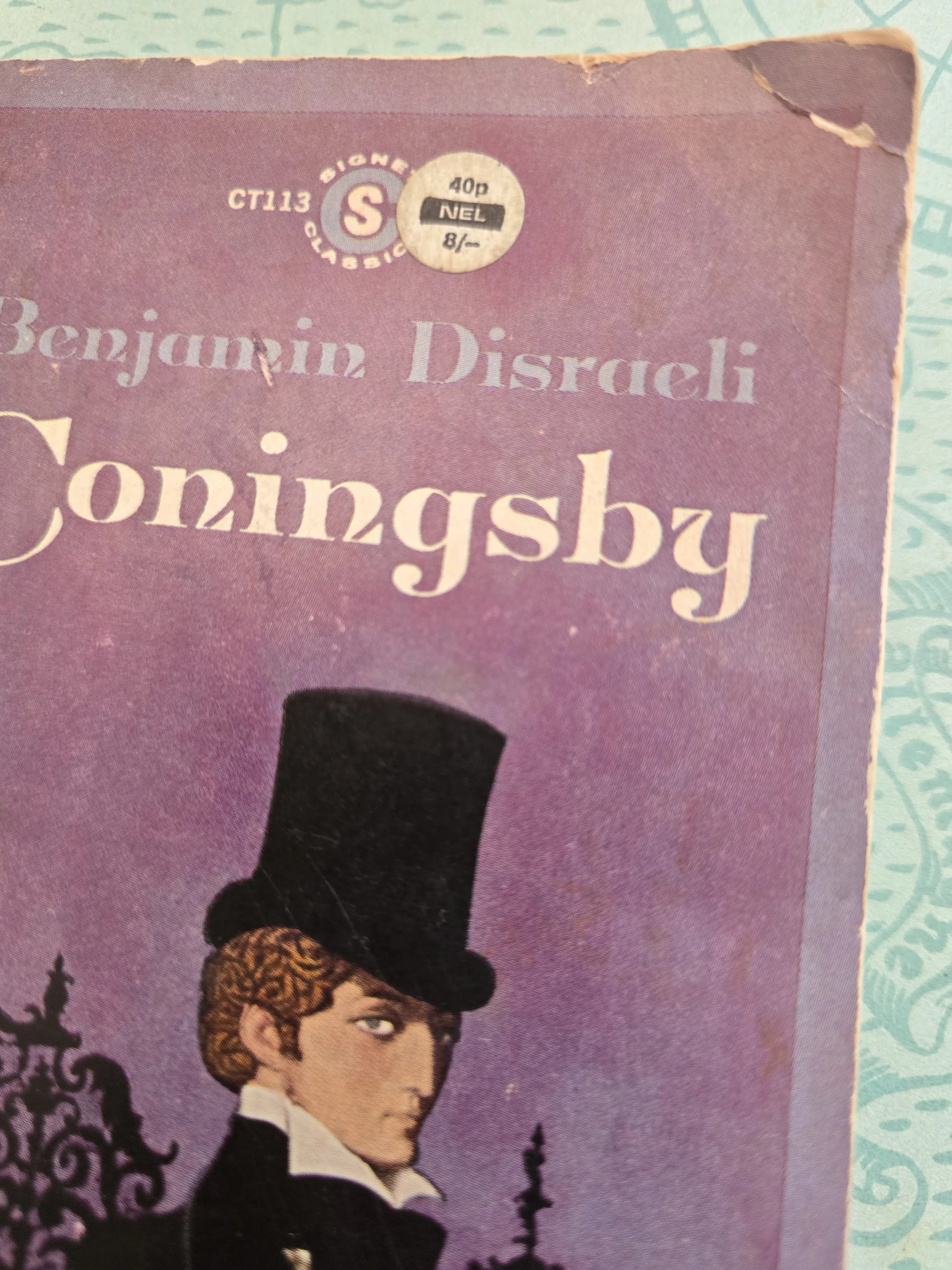 Close view of the purple and black Signet Classics cover design on vintage Coningsby paperback (Copy)