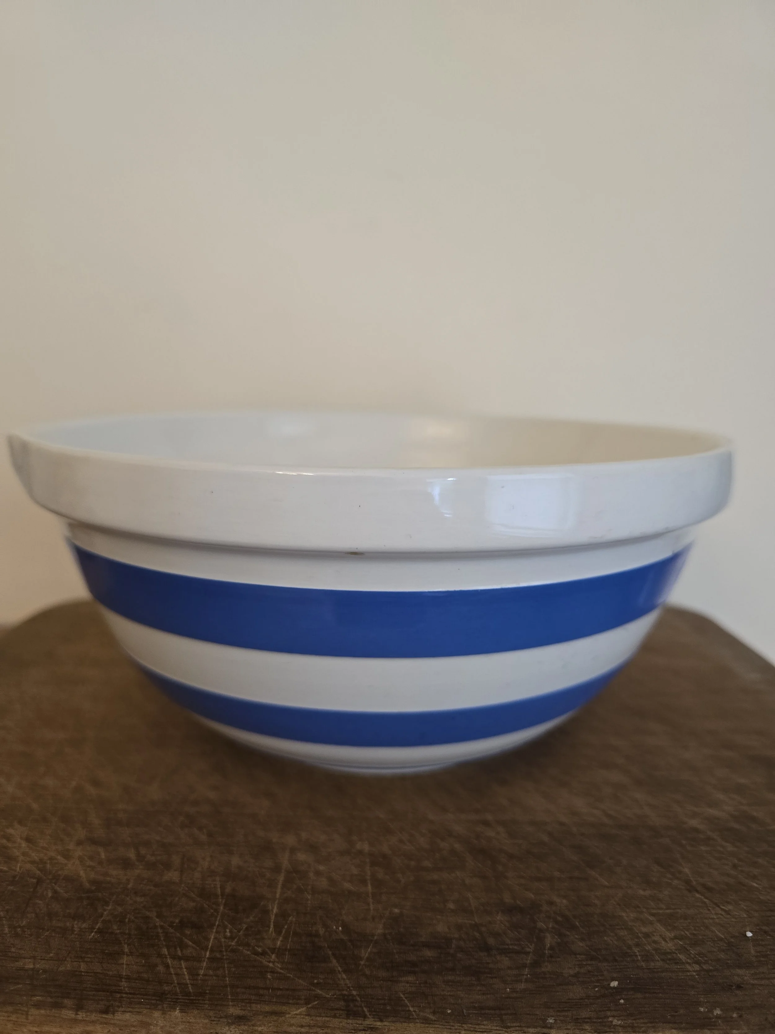 Vintage Cornish Kitchen Ware mixing bowl with blue stripe decoration