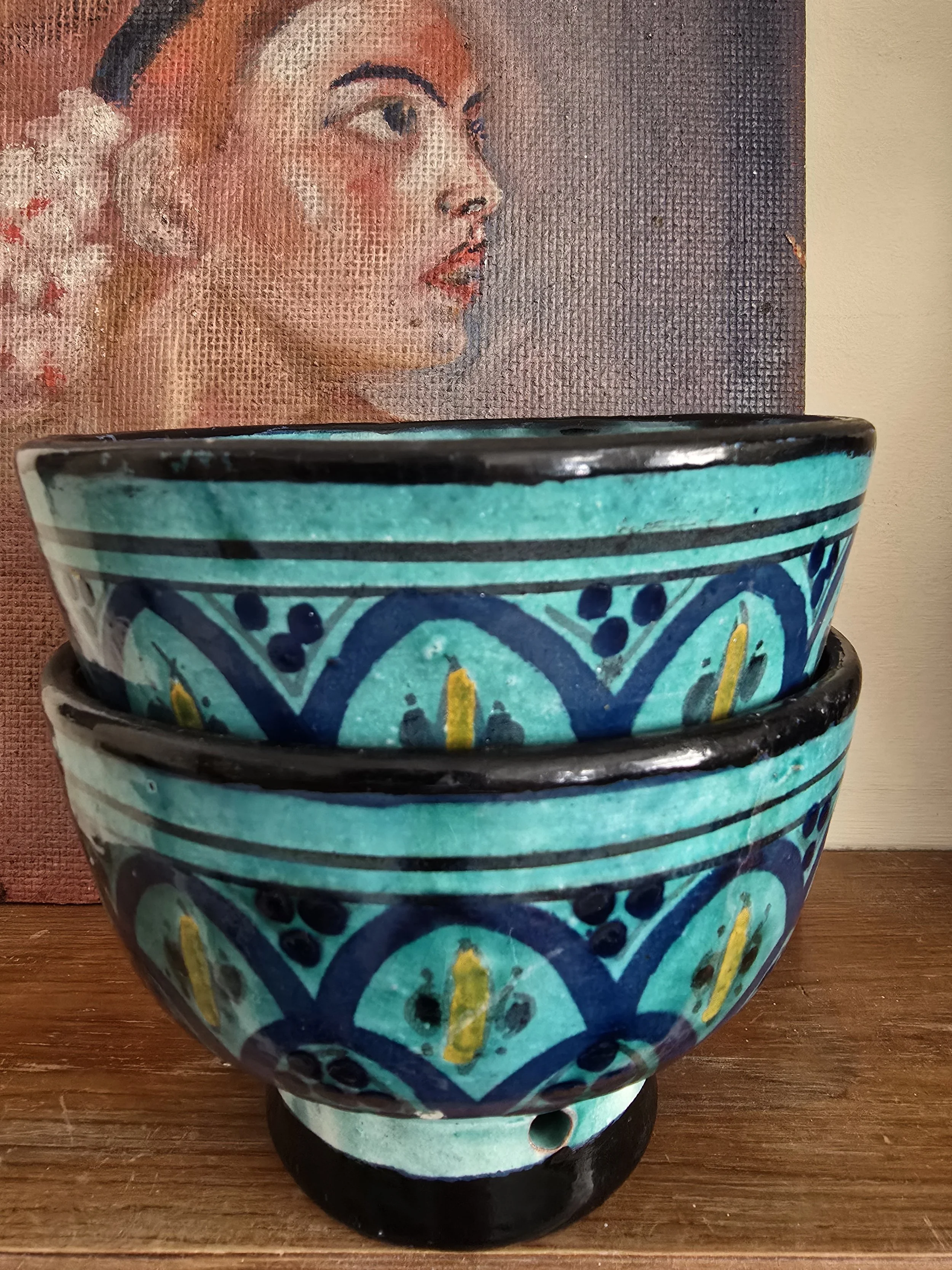 Pair of vintage Tunisian ceramic bowls with hand-painted Berber motifs from Nabeul