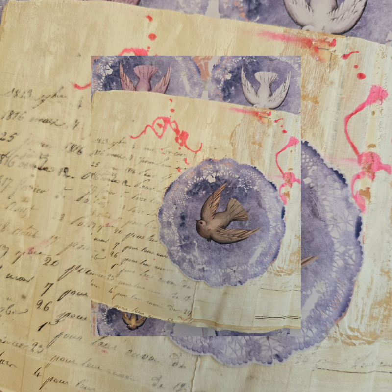 Cut-out antique bird and purple doily design collaged onto a journal page of old French handwritten papers and painted marks.