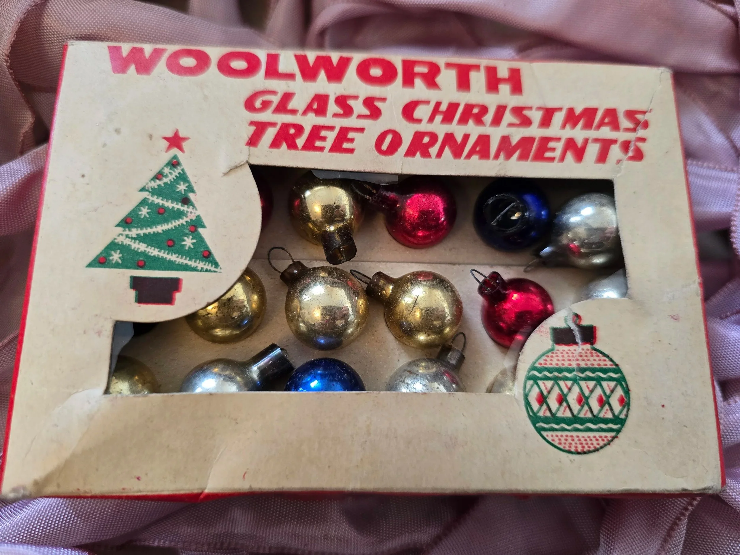 Original Woolworth Glass Christmas Tree Ornaments box containing miniature vintage glass baubles in assorted colours.