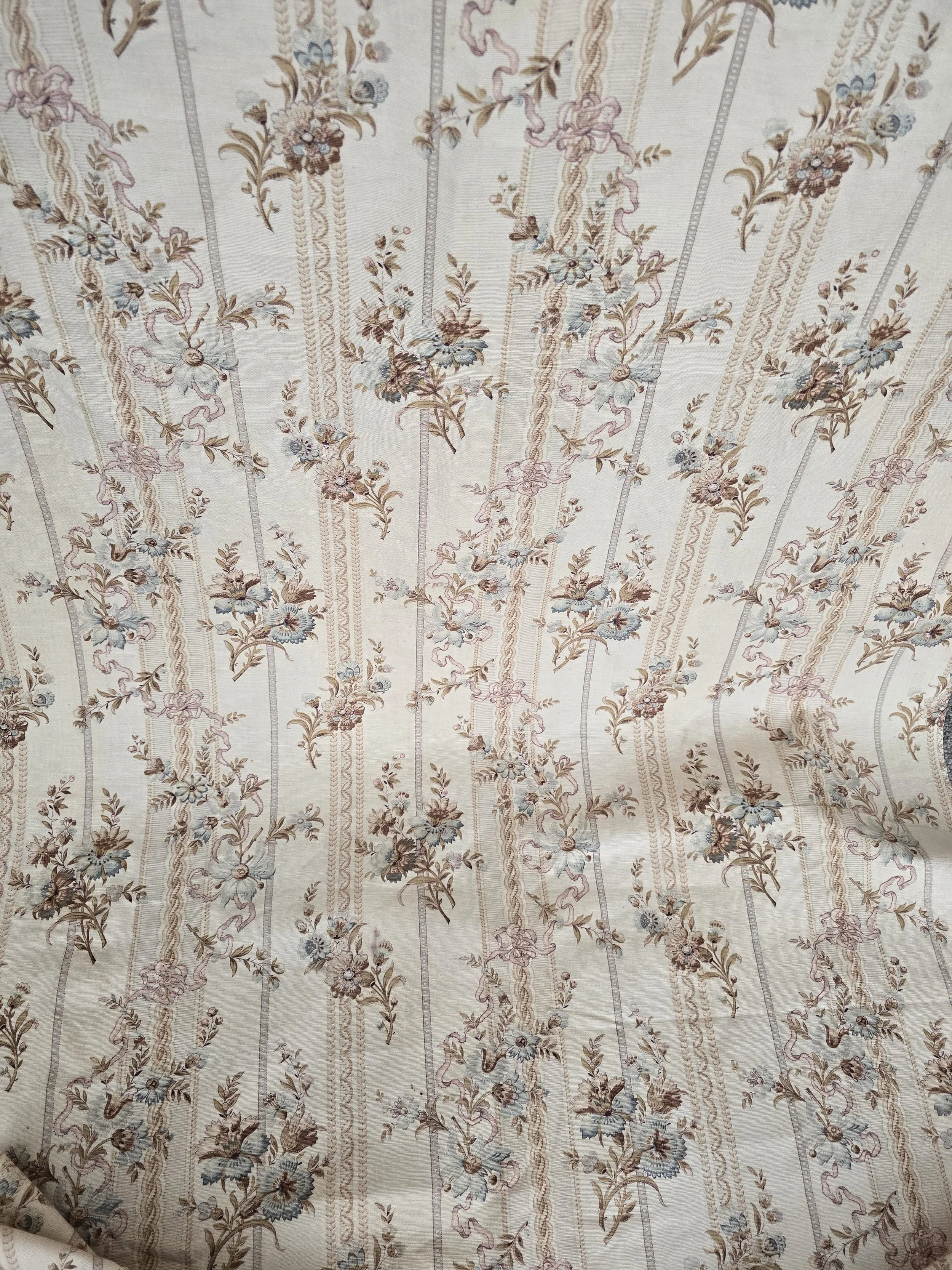 Large antique French fabric length in soft blue pink cream and brown tones