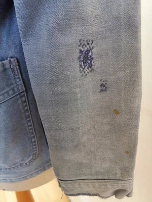 Front view of customised French chore jacket with sashiko stitching