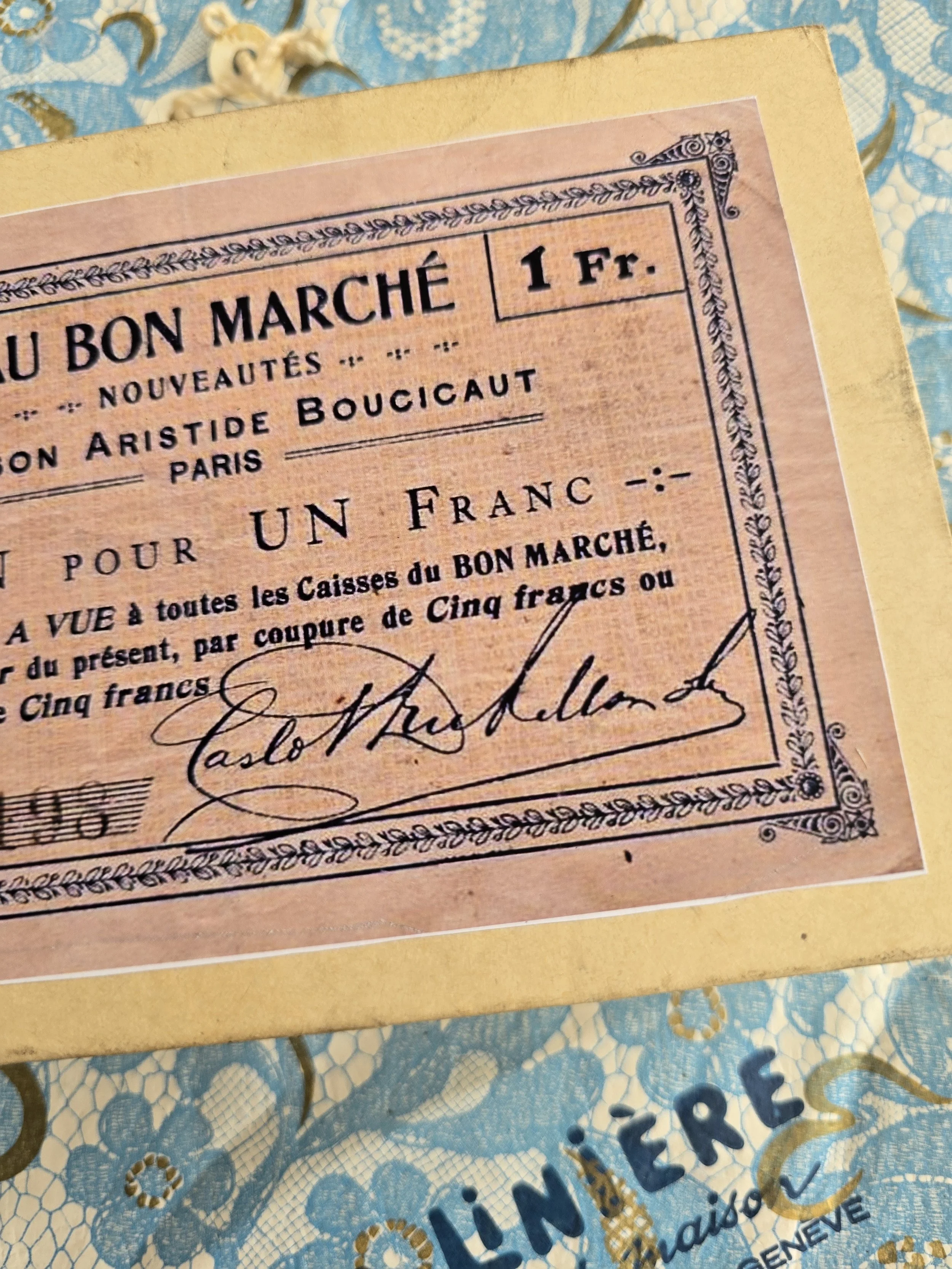 Decorative keepsake box inspired by French paper ephemera and antique department store vouchers.