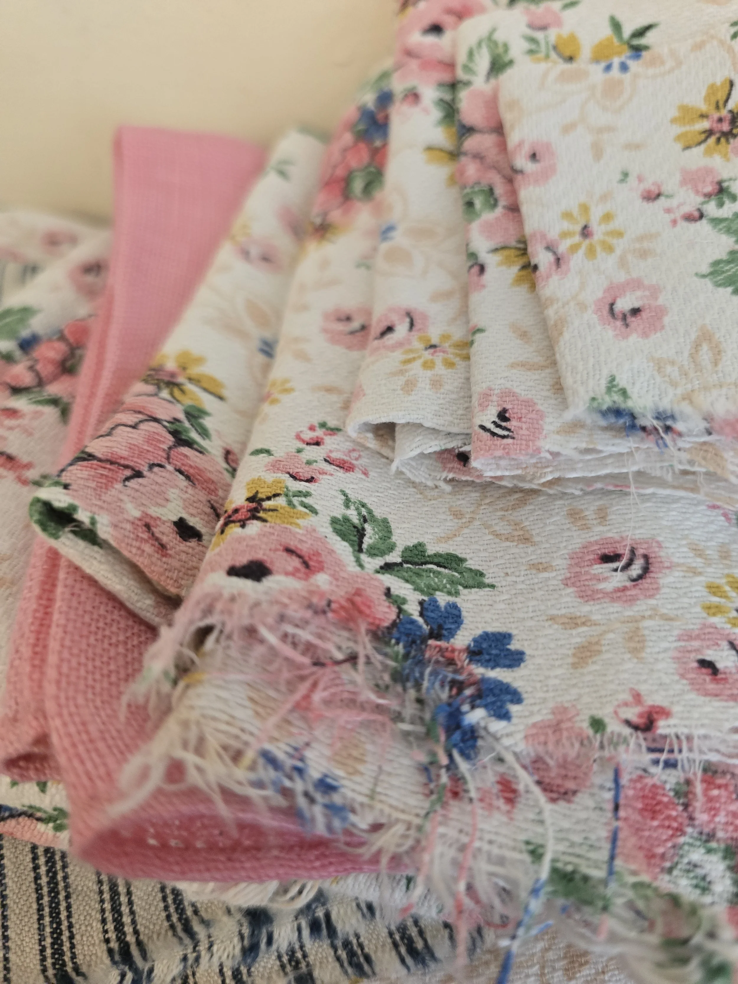 Mid-century style floral fabric remnants in pink, yellow, blue, and green (Copy)