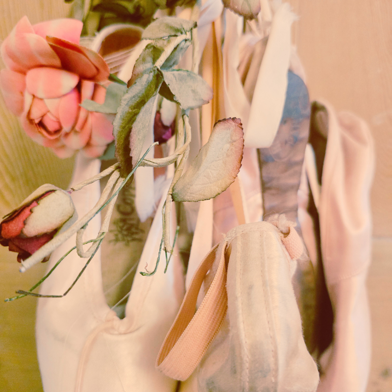 Vintage pale pink ballet slippers hanging beside fading roses and ribbon in soft muted light.