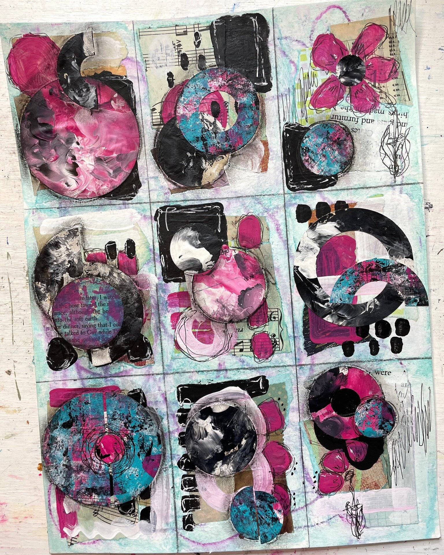 Created this from Jana Freeman's lesson in One BADASS Art Journal 2023.  Creating in a series. This lesson was fun, challenging and creative.  I loved every moment of it.  Used Inktense, acrylics, collage, ink and pastels.  Do you ever create in a se