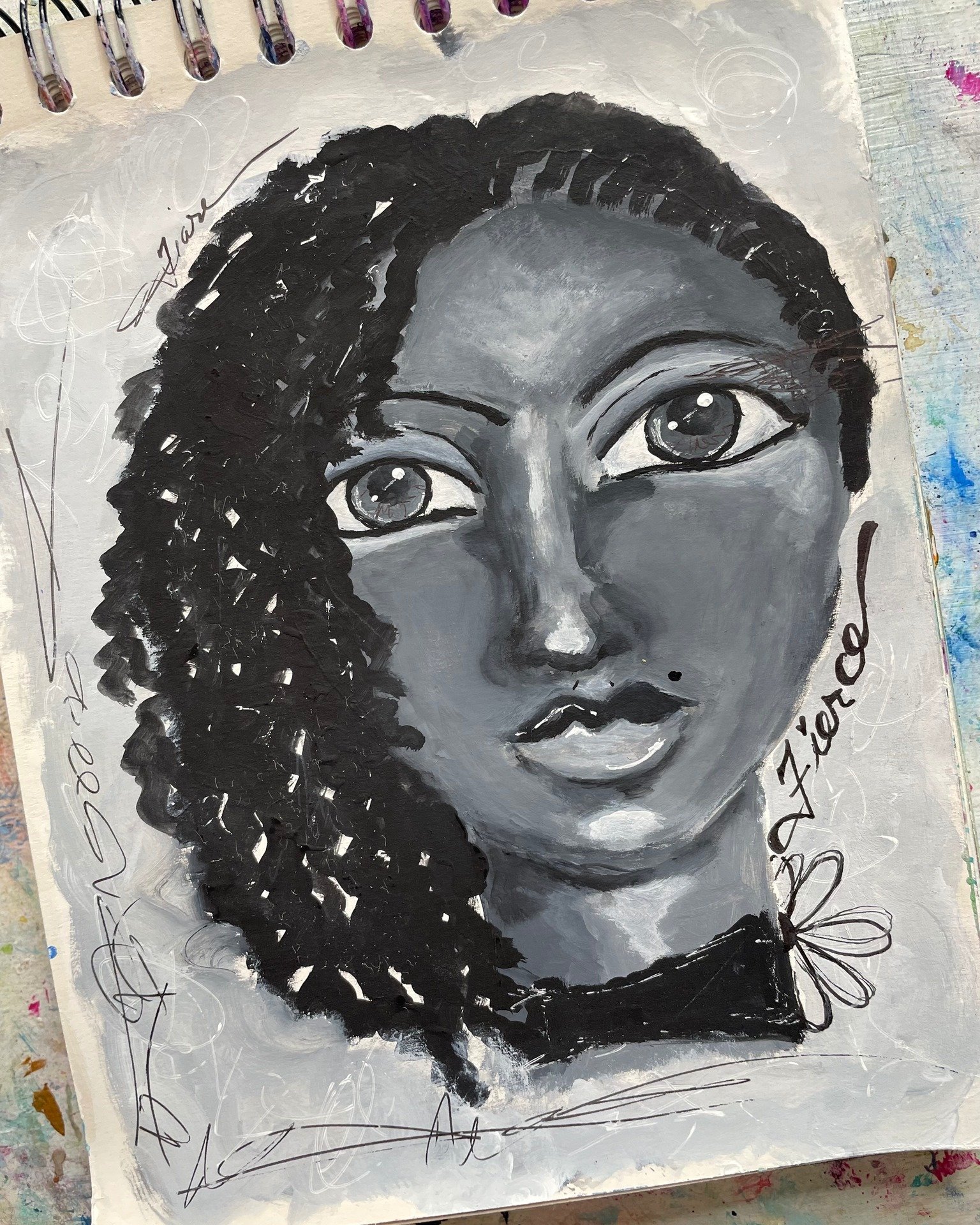 Black and white. Another color combo I rarely use but find intriguing and powerful.  I also find big eyes powerful and interesting.  I once thought, the eyes on many of my faces were too big. However, it's art so you get to make faces and features ho