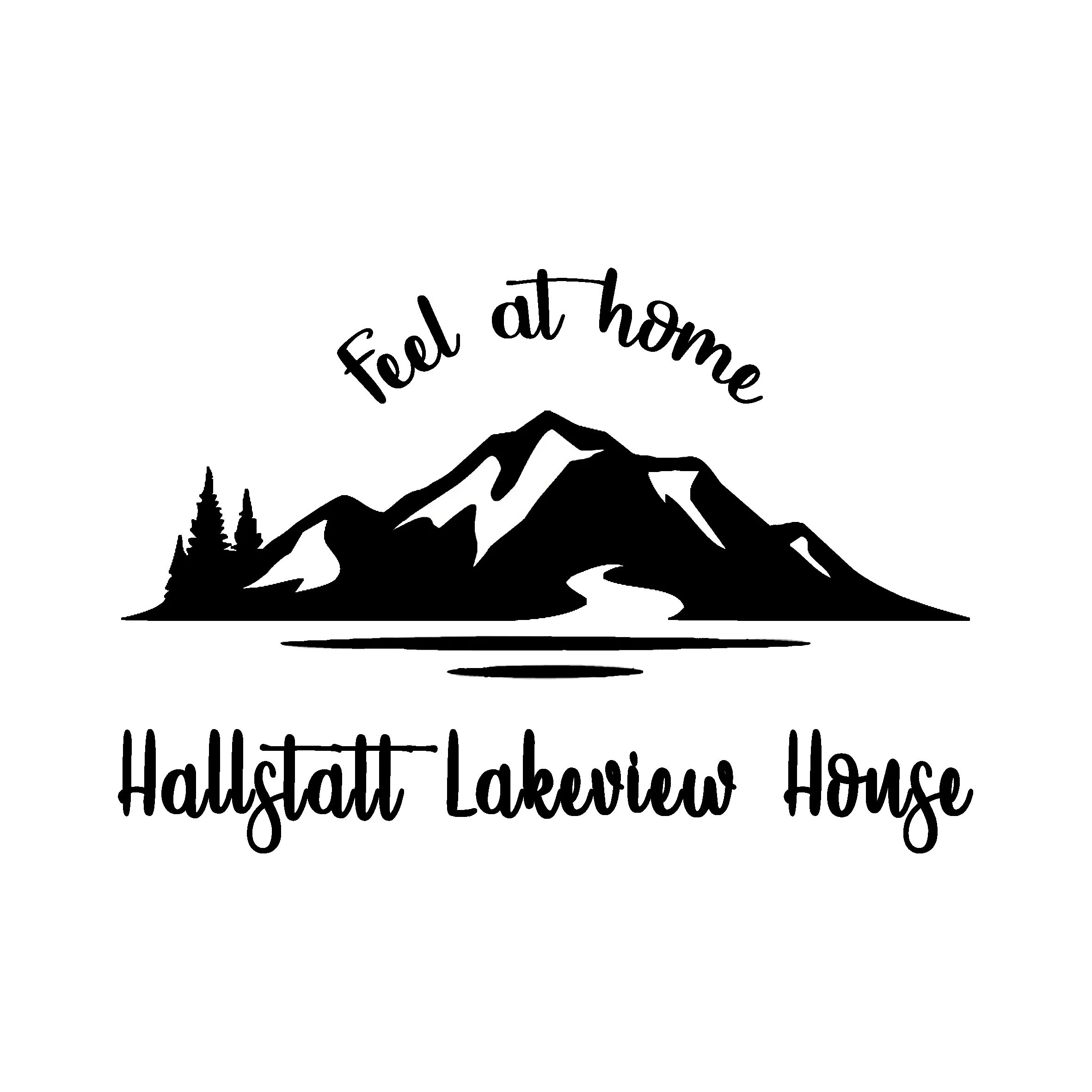 Schwarz-weiß-Logo mit Berglandschaft, Wäldern und Wasser, mit dem Text 'Feel at home' oben und 'Hallstatt Lakeview House' unten.