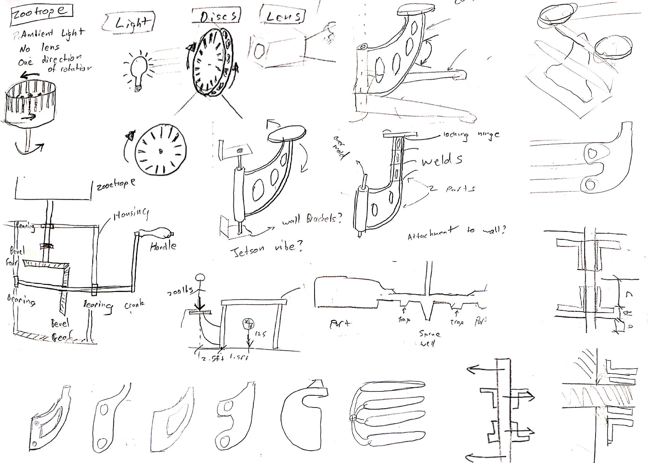 A collection of sketches that I used for generating ideas, exploring design aesthetics, visualizing fabrication processes, and back-of-the-envelope calculations.