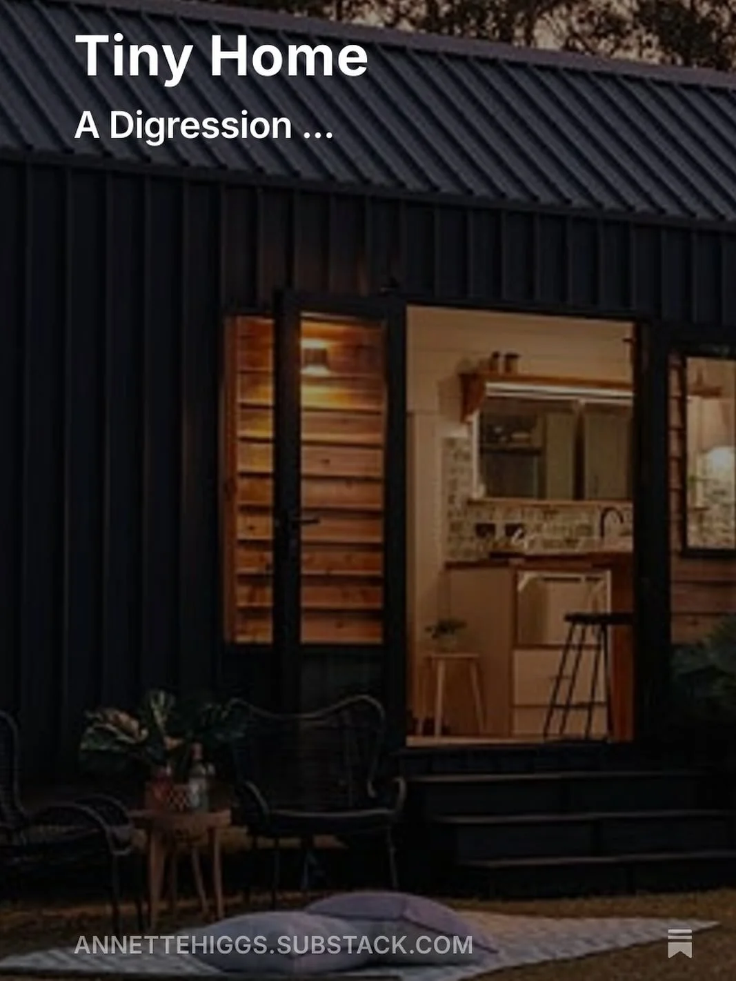 It’s Friday. A new How To Downsize is out. 
https://annettehiggs.substack.com/p/tiny-home
