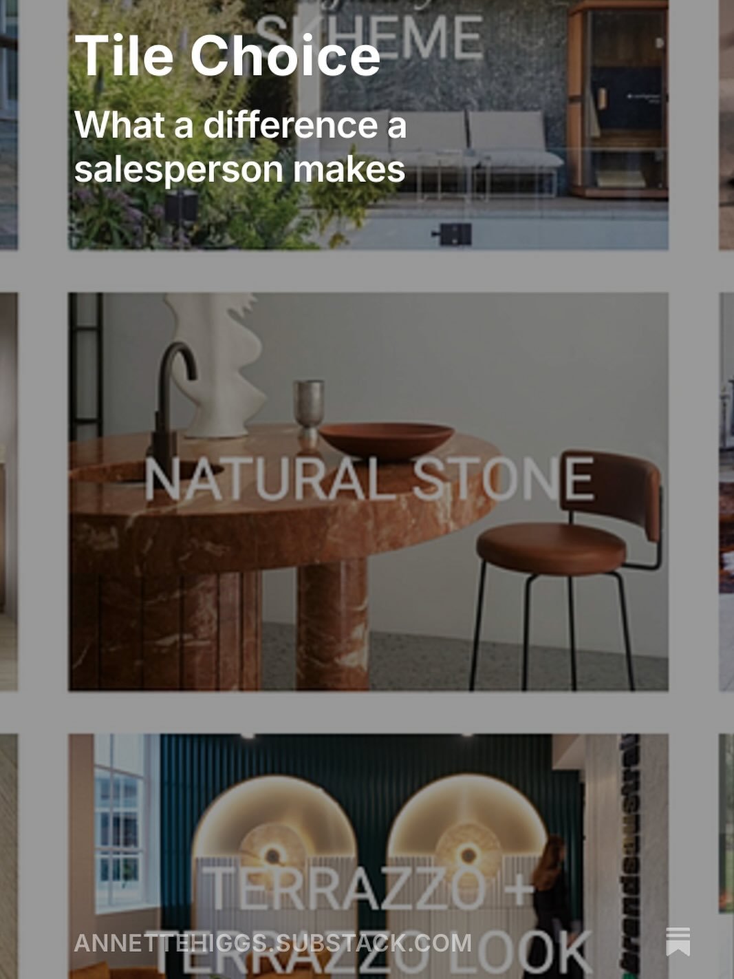 It&rsquo;s Friday. A new How To Downsize is out. 

https://annettehiggs.substack.com/p/tile-choice