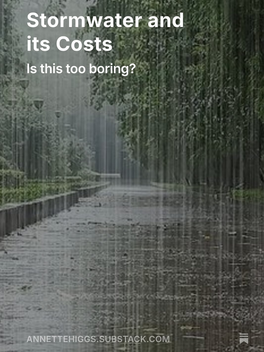 It&rsquo;s Friday. A new How To Downsize is out. 

https://annettehiggs.substack.com/p/stormwater-and-its-costs