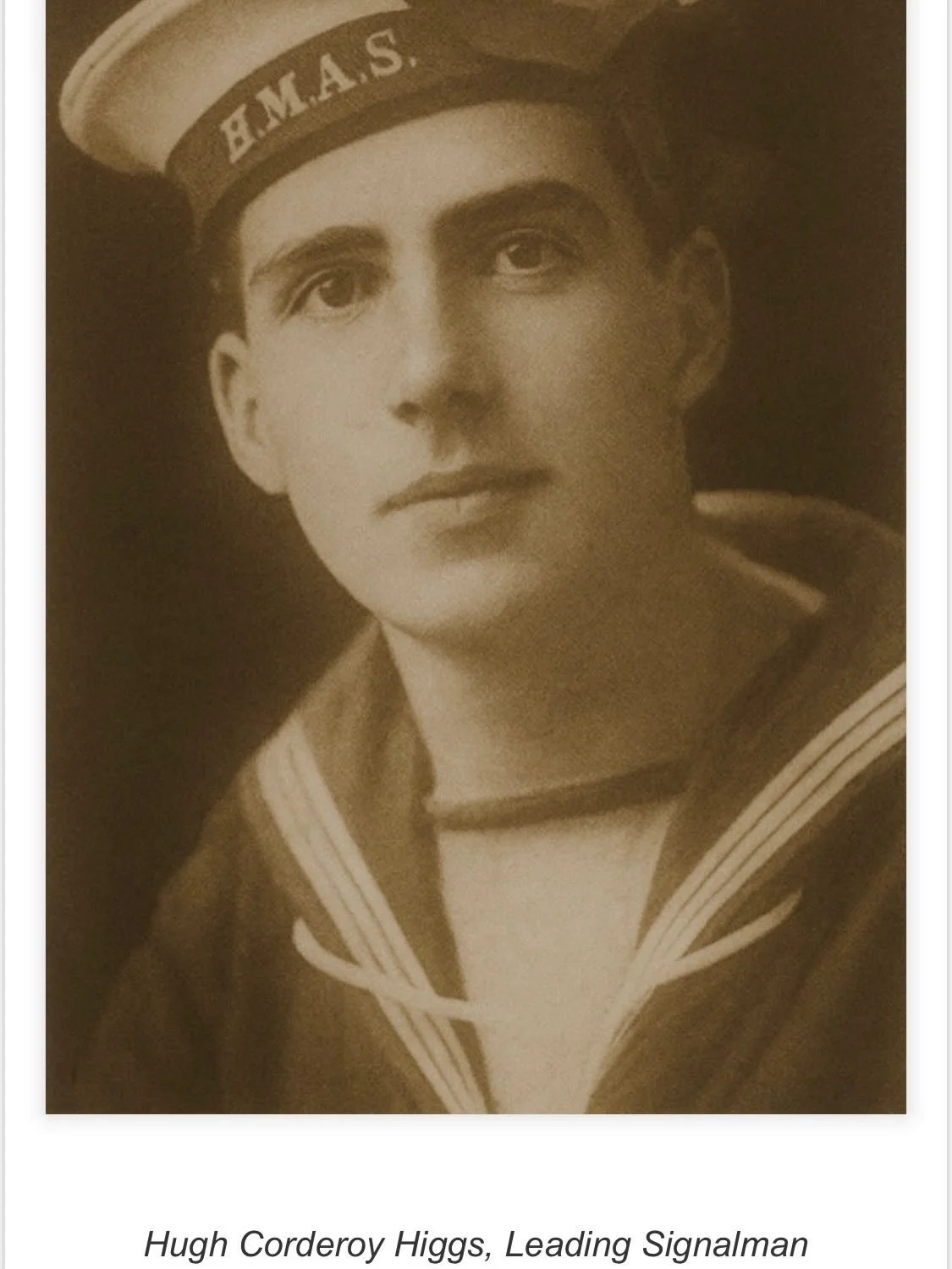 This is my grandpa&rsquo;s cousin, Hugh Higgs, who enlisted in the RAN in 1918, then served on HMAS Arawa. In 1919, while waiting to return home, he died in England of the Spanish flu.

Hugh is buried in Plymouth. He was 22 years old.