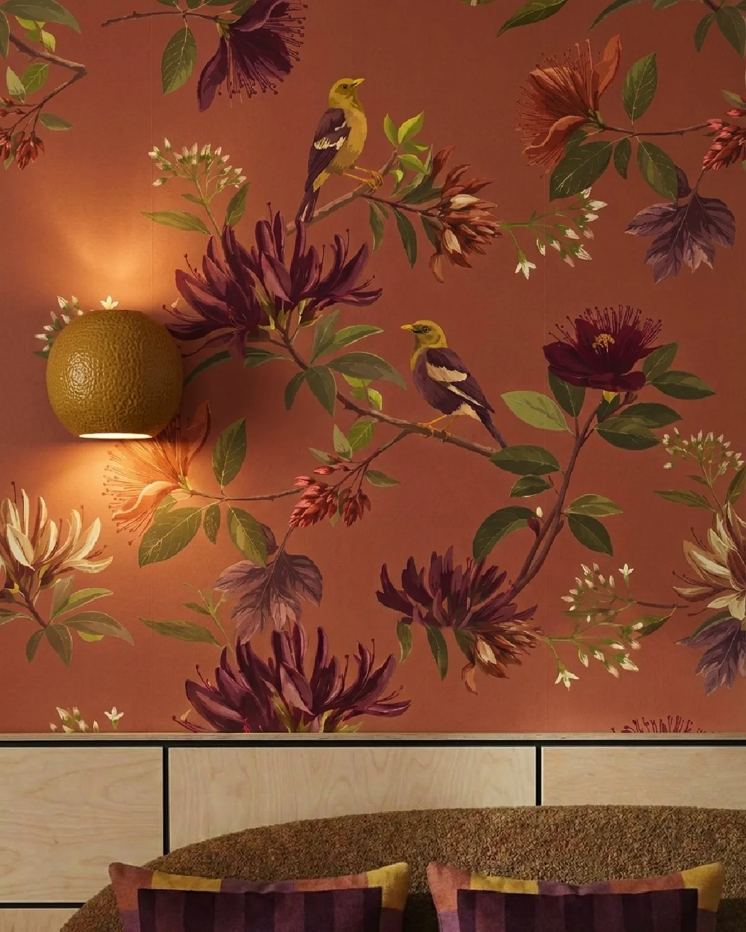 After designing the print in Illustrator & Photoshop I mocked up the print in Google Gemini, specifying everything from lighting fixture shape, color, boucle color and feel, and headboard material.