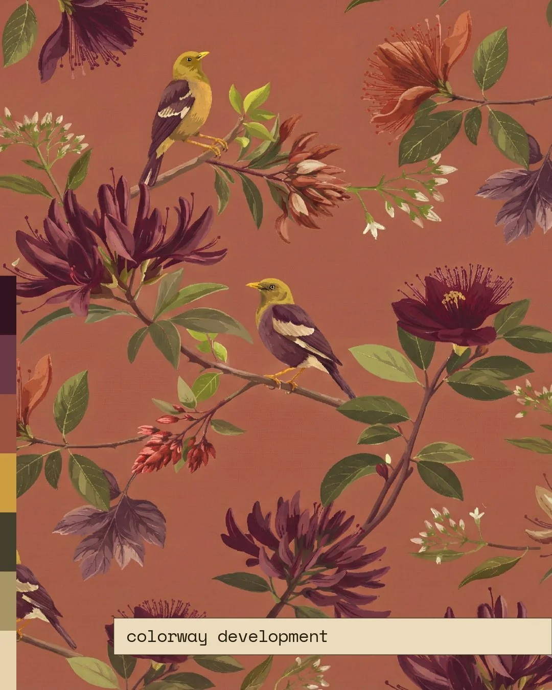 A closer look at the pattern. I started with the typical colors associated with the mynah bird and tulip tree, but wanted to shift the palette into something softer and more calm. I used Gemini to explore options and was especially drawn to this grou
