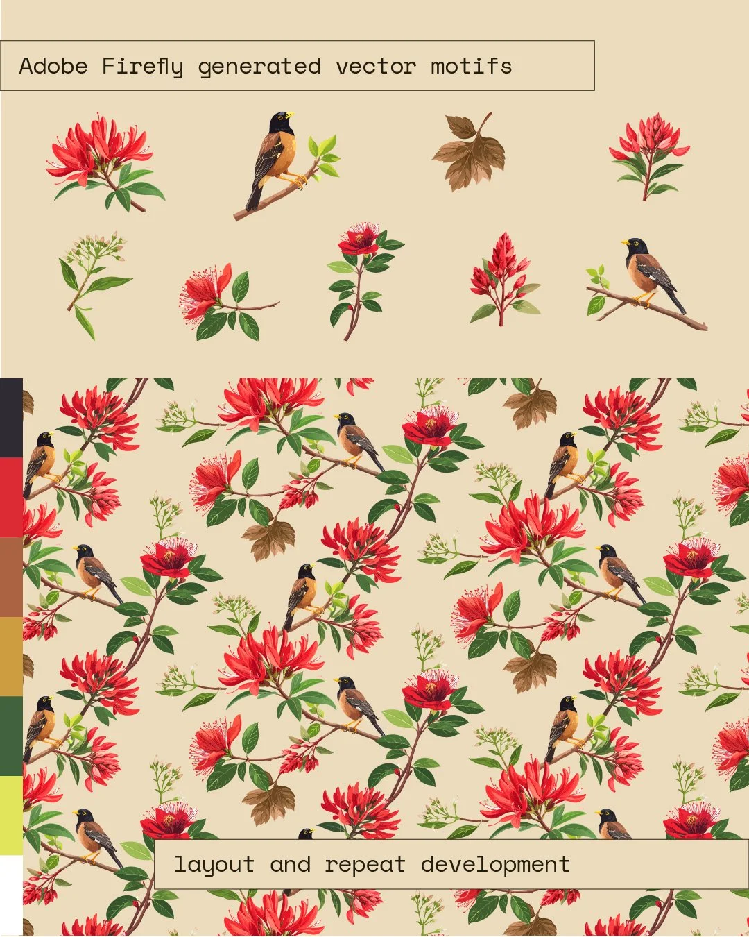 A glimpse into my pattern design process using Illustrator and Photoshop. I used Illustrator’s Generate Vector tool to develop motifs, then refined the design by applying a hand-painted effect.