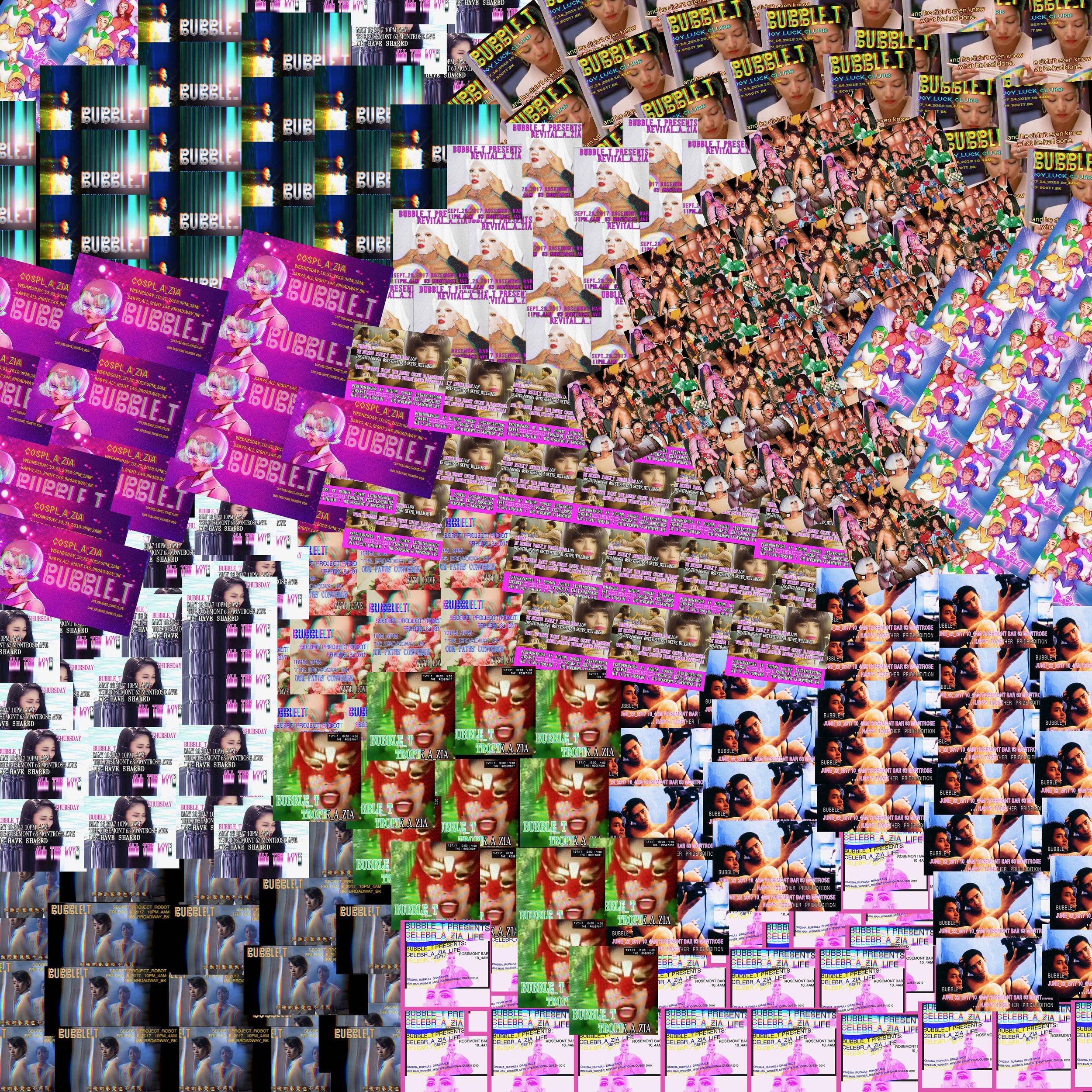 Flier collage wall decal for BUBBLE_T at MOCA NYC