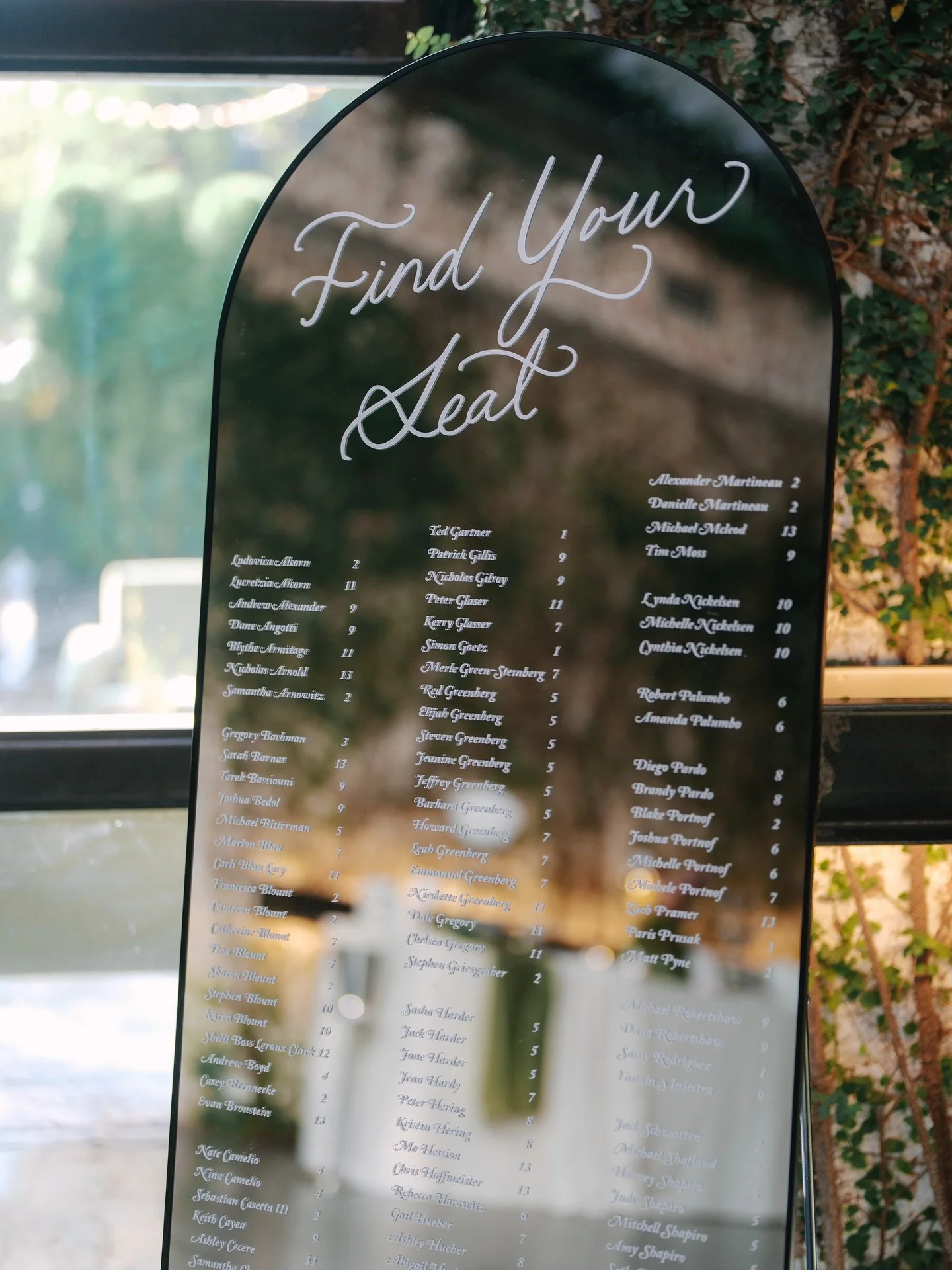 Mirror seating chart bliss! 🤍 Another one of the details I was obsessed with making for Blake and Cameron&rsquo;s wedding!

Planning: @archeventsnyc
Photo: @patfureyphoto
Venue: @thefoundrylic
Catering: @marceybrownsteincatering 
Rentals: @broadwayp