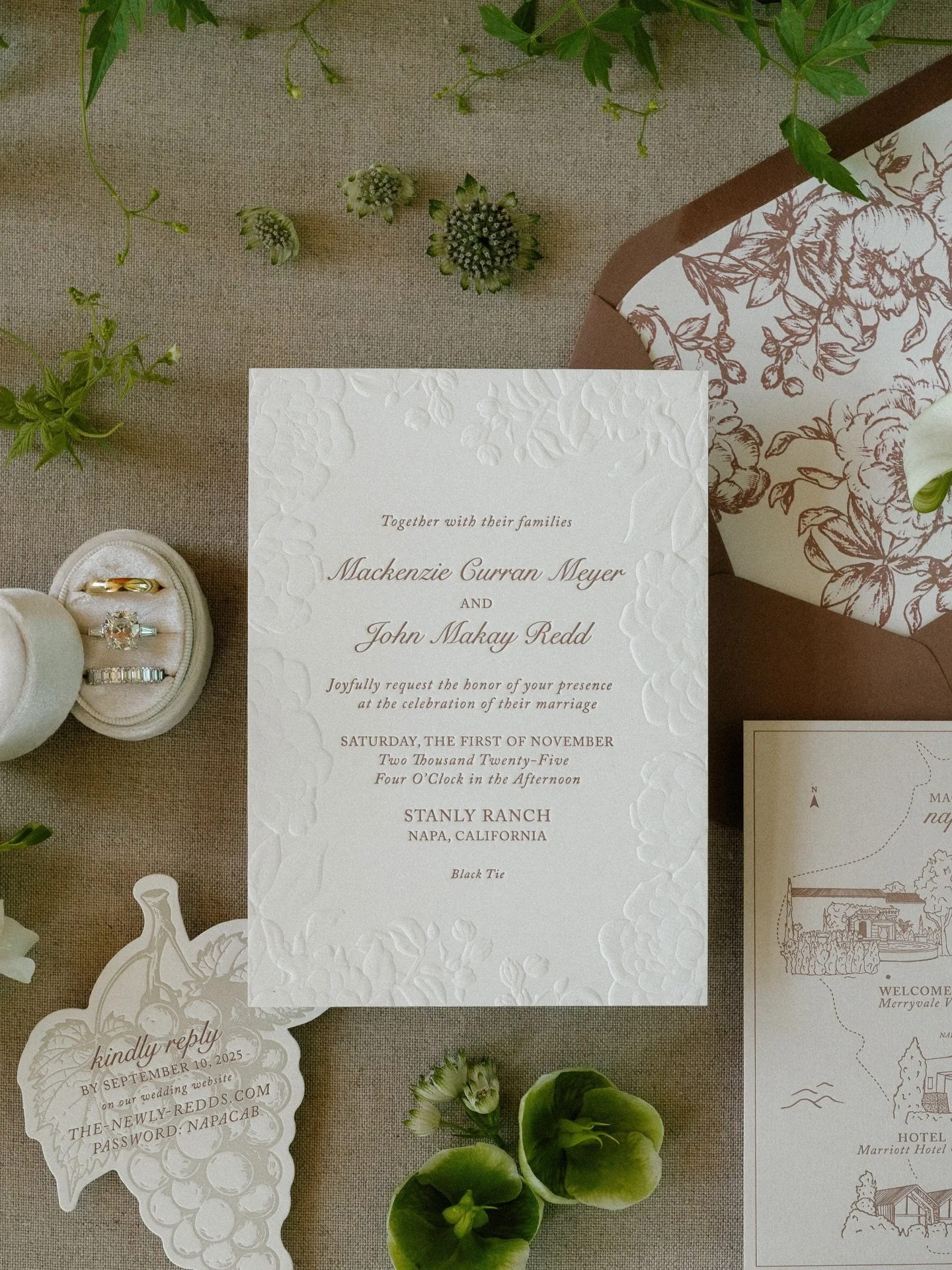 Just SOME of the details from M&amp;M&rsquo;s Napa Valley wedding, and what a special treat it was. The class this couple brought to their wedding vision was a stationers dream. From sculpt emboss invitations and menus, wood engraved bar signs, the c