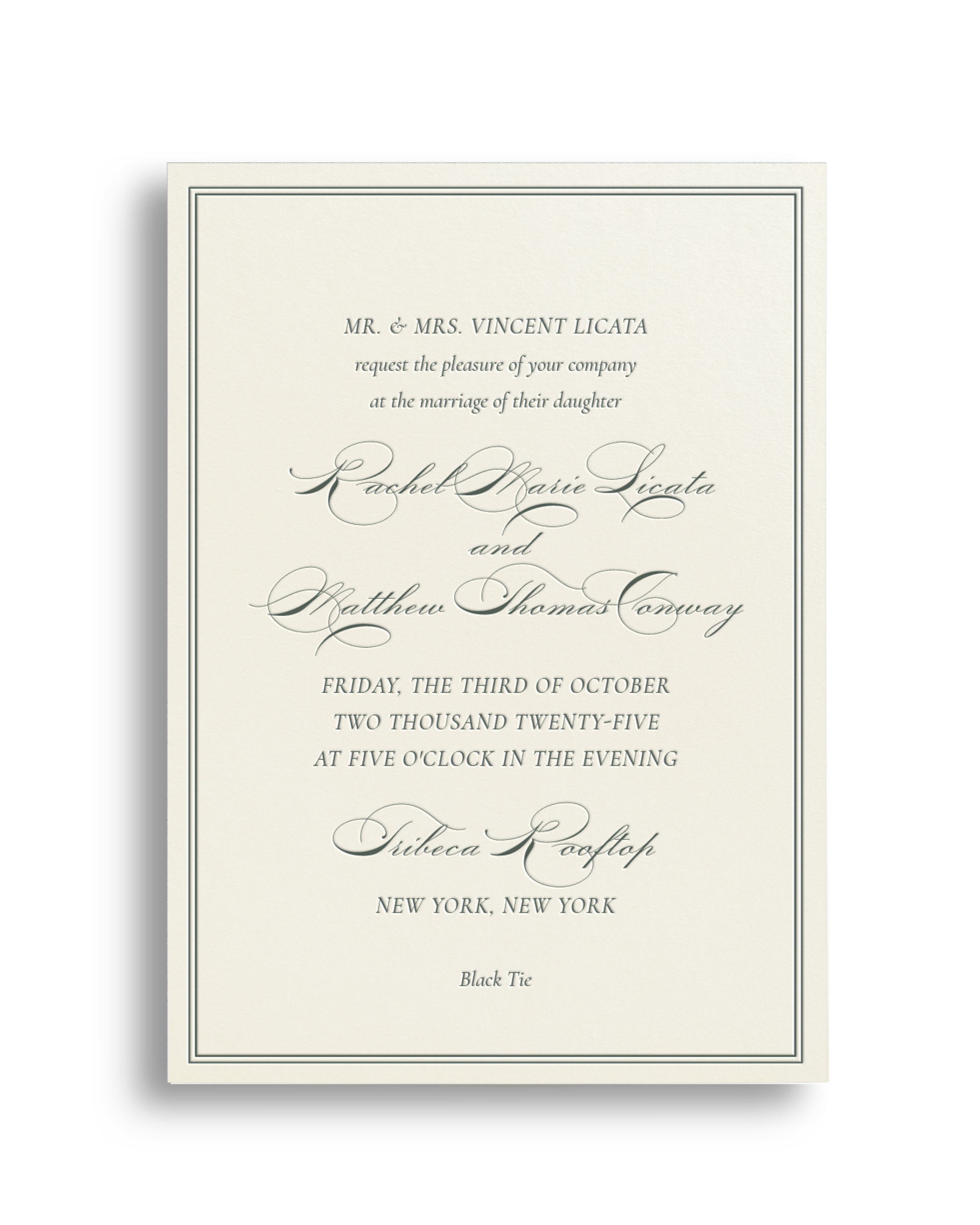 Wedding invitation card with elegant black and white design, featuring the names Rachel Marie Licata and Matthew Thomas Convey, date and location details, and a note about the dress code: Black Tie.