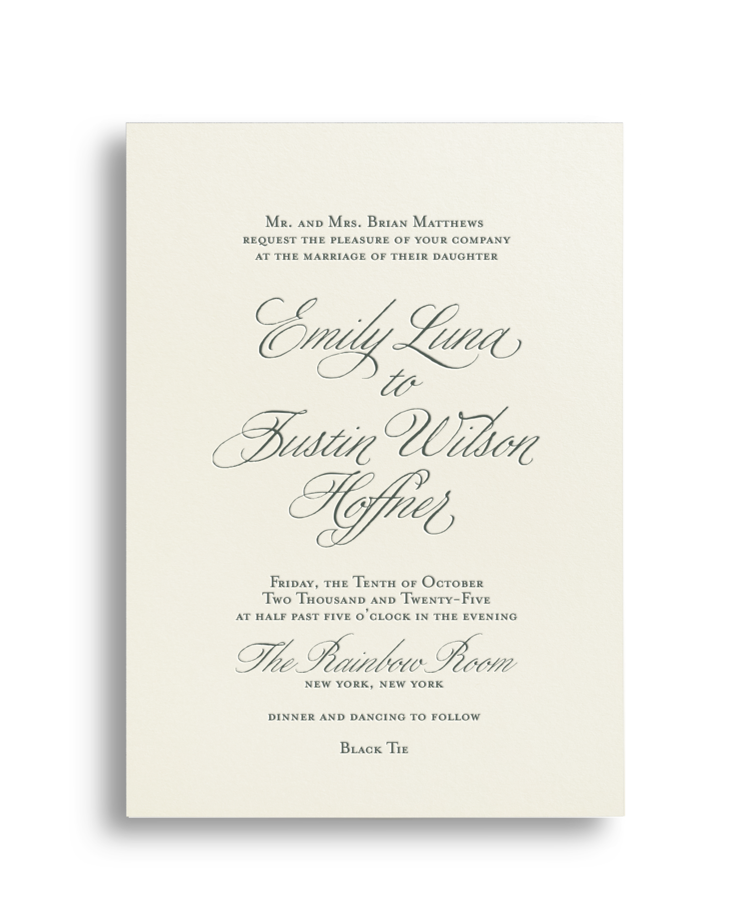 Wedding invitation for Emily Luna and Justin Wilson, scheduled for October 10, 2025, at The Rainbow Room in New York City, with dinner and dancing. Elegant text on a cream background.