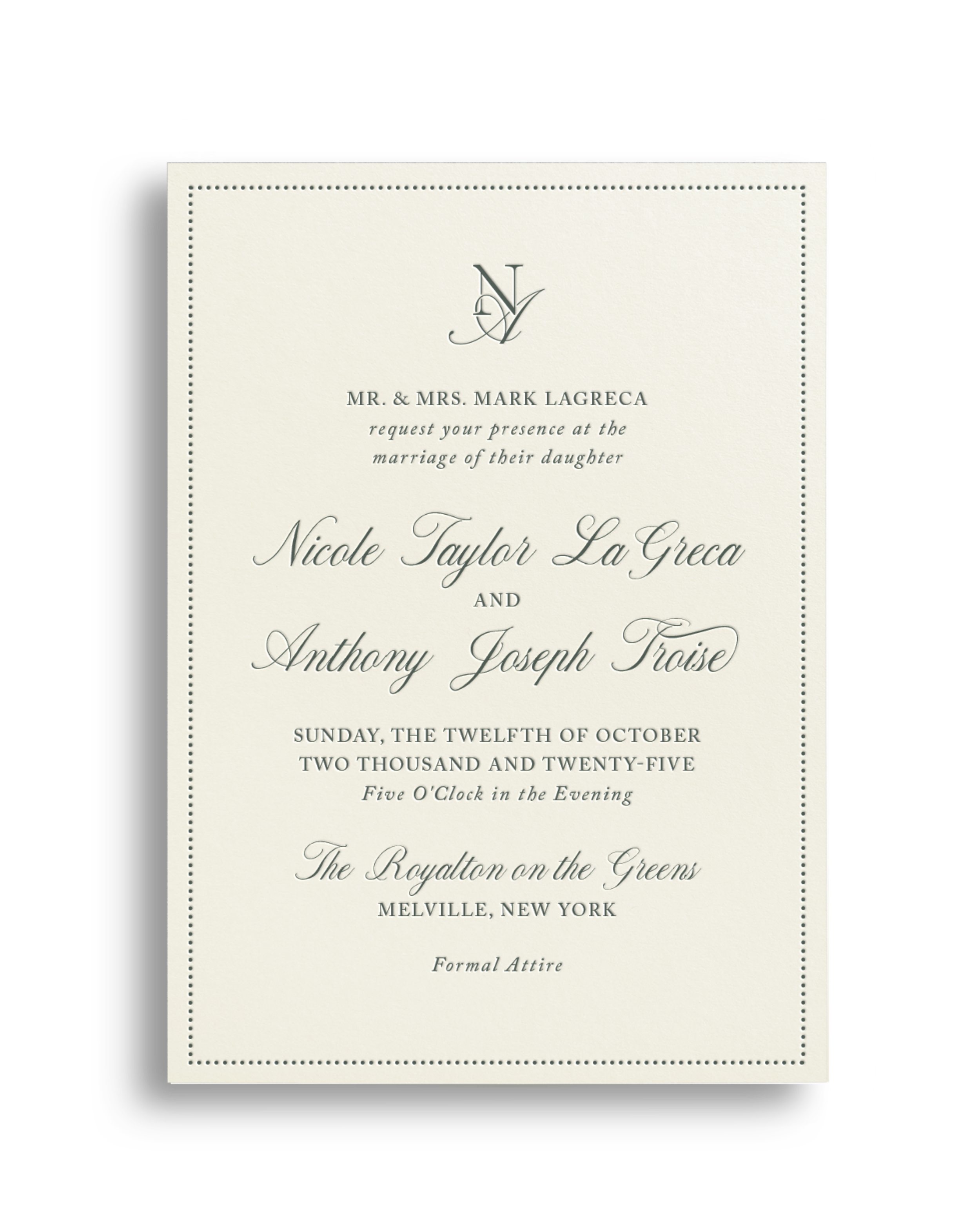 A white wedding invitation with elegant script text and a monogram at the top center, featuring the initials N and V intertwined, announcing a wedding between Nicole Taylor La Greca and Anthony Joseph Troise taking place on October 12, 2025, in Melville, New York, with a note of formal attire.