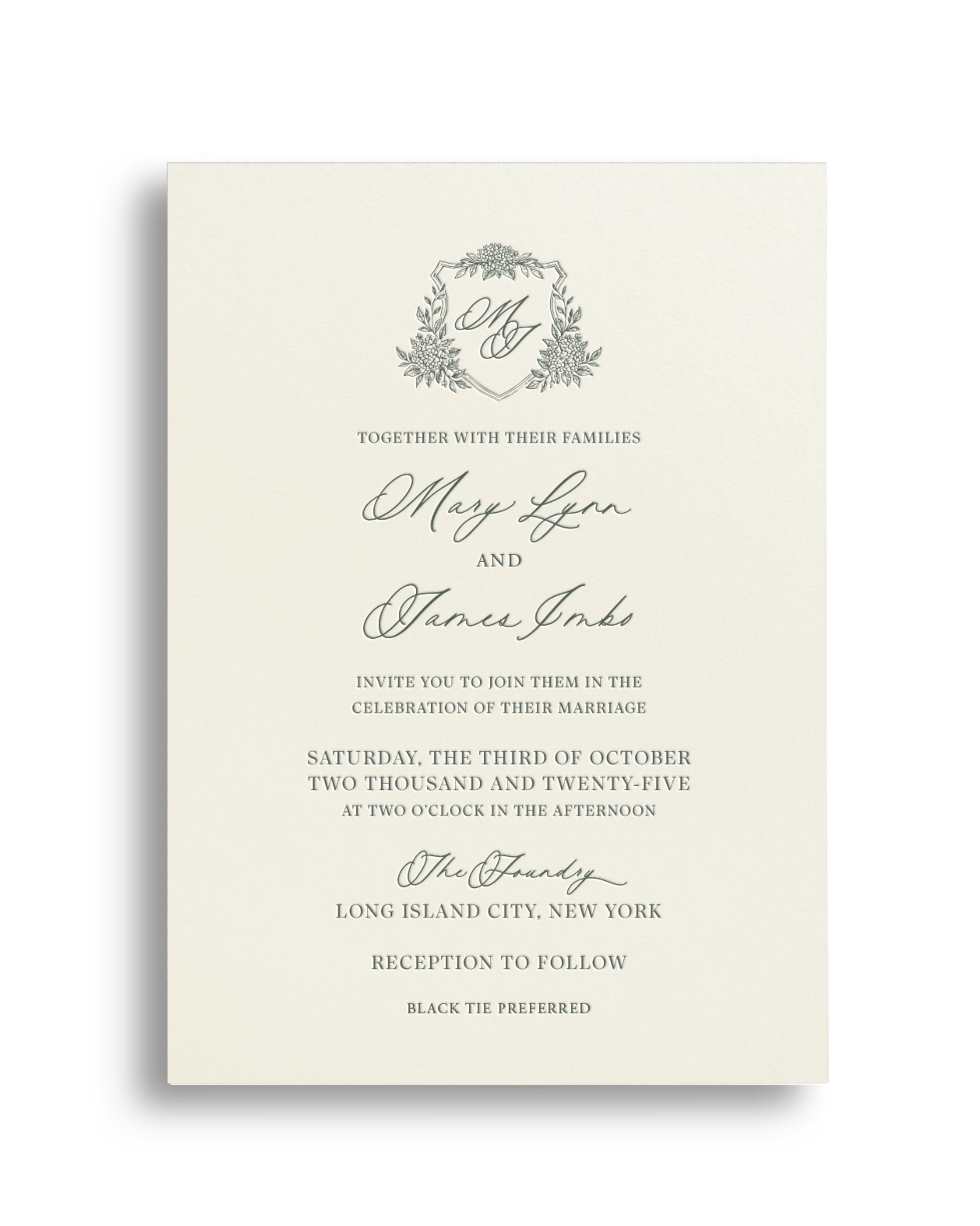 Wedding invitation with elegant floral design and text details about the marriage celebration occurring on Saturday, October 3, 2025, at 2 o'clock in the afternoon at a venue in Long Island City, New York.