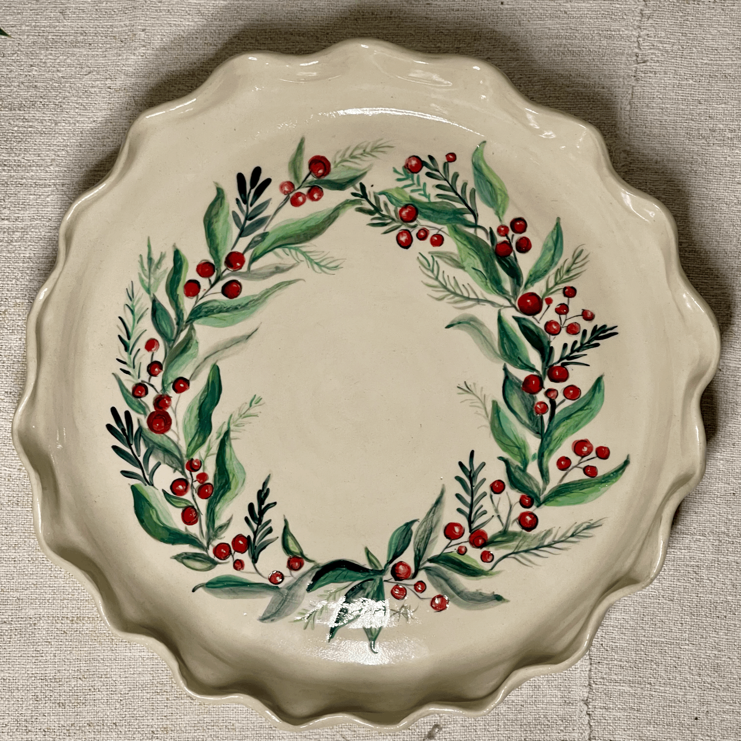 Large Hand Painted Wreath Flan Dish