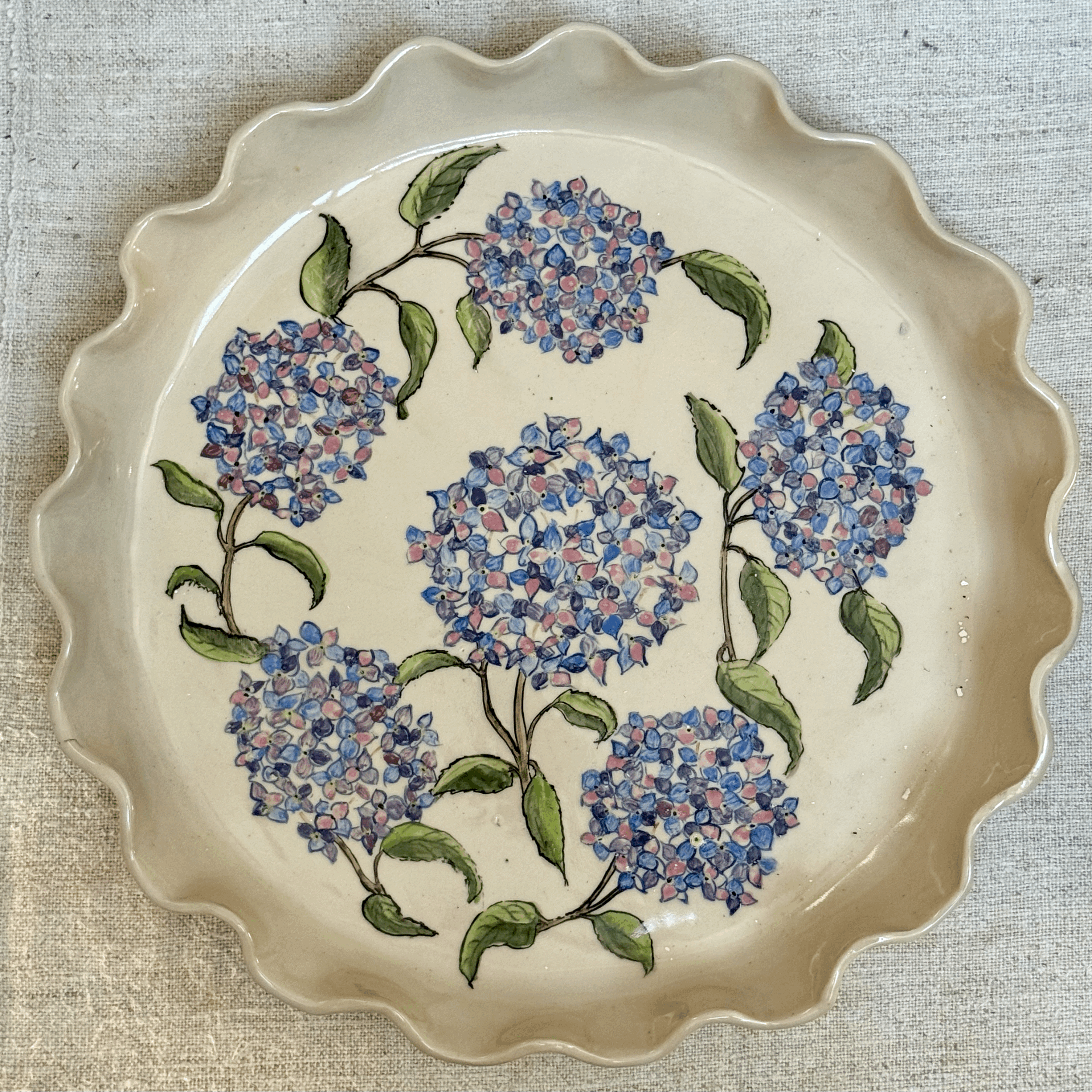 Large Hand Painted Hydrangea Flan Dish